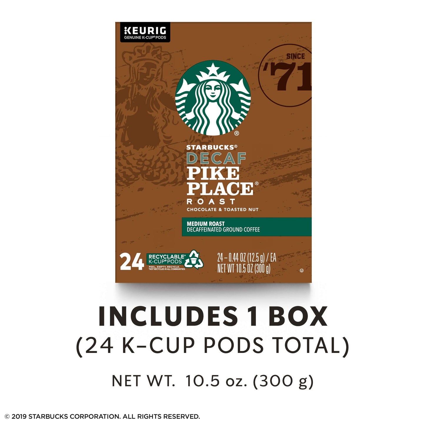 Starbucks Decaf K-Cup Coffee Pods, Pike Place Roast, 24 Count, Compatible with Keurig malt-inspired