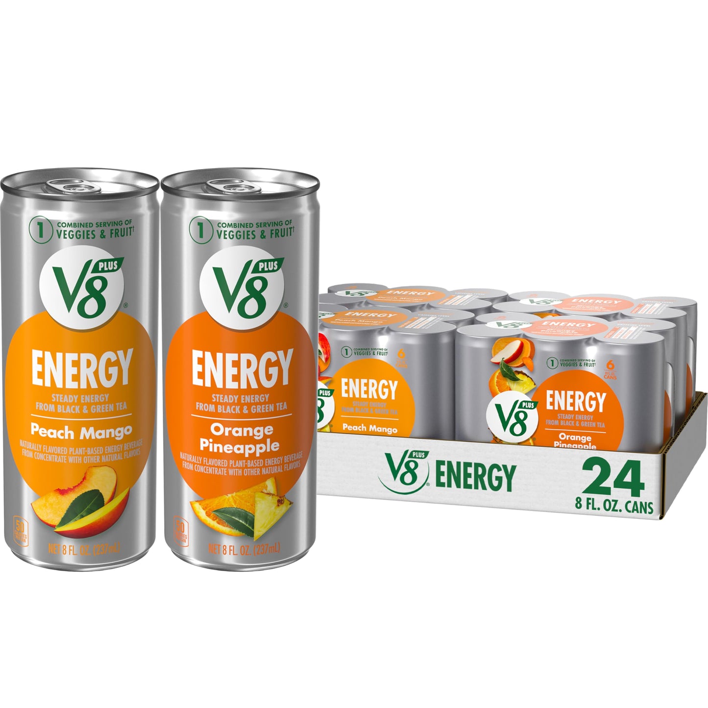 V8 Energy Drink Variety Pack, Peach Mango & Orange Pineapple, 8 Fl Oz Can, 24 Pack