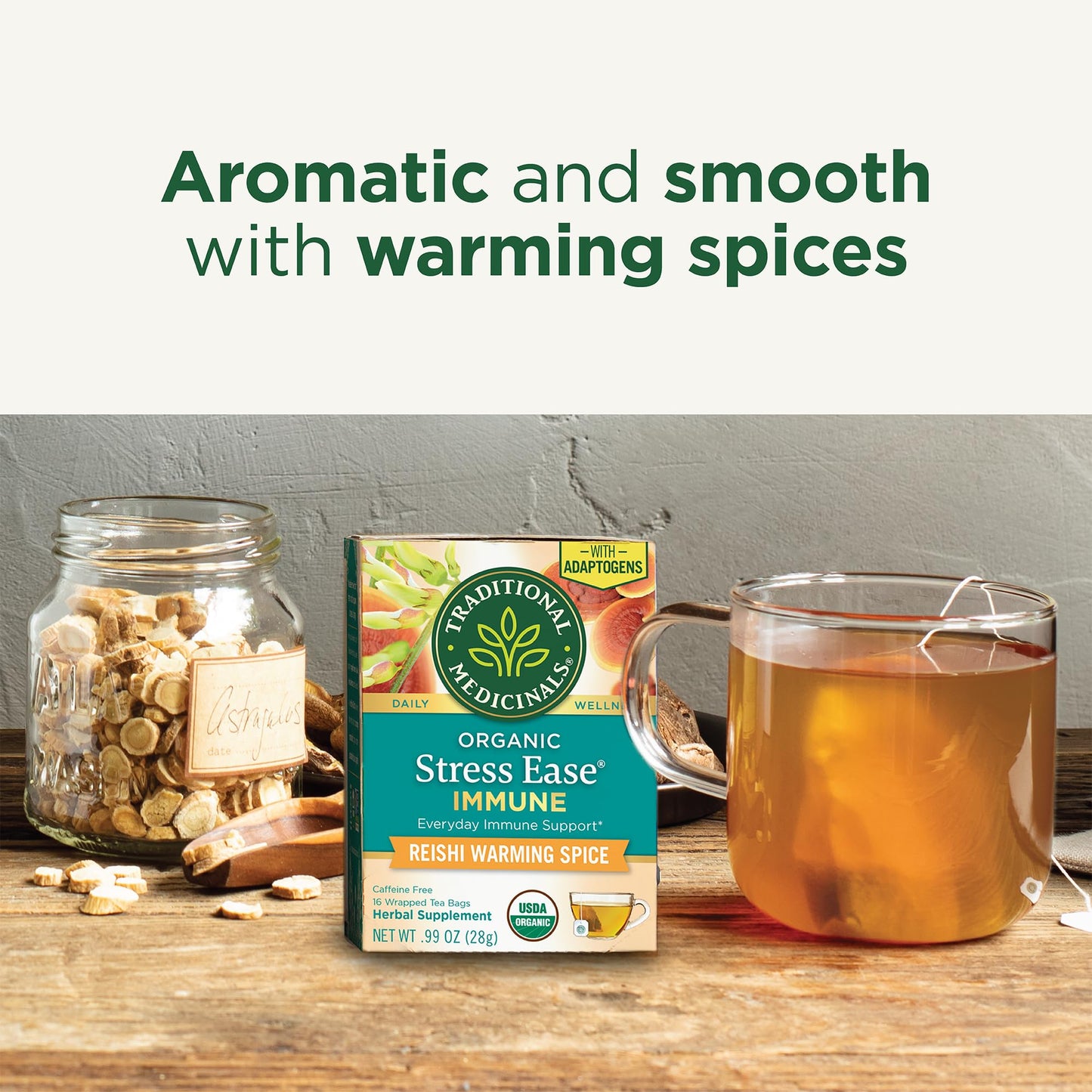 Traditional Medicinals Tea, Organic Stress Ease Immune With Adaptogens, Everyday Immune Support, Reishi Warming Spice, 16 Tea Ba