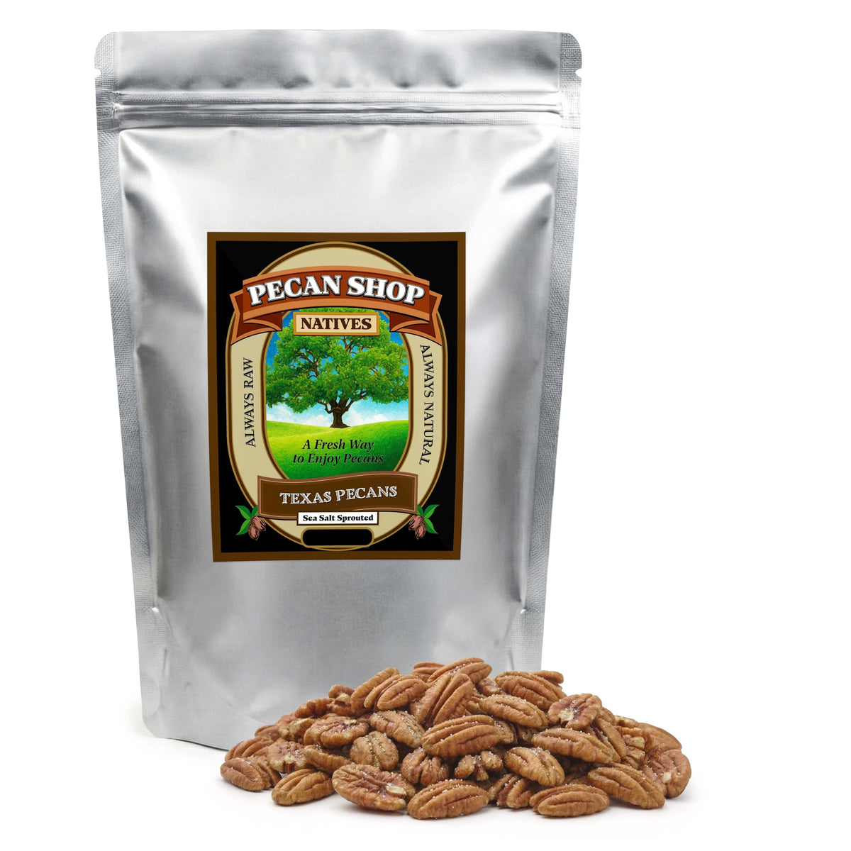 Pecan Shop Texas Native Pecan Halves for Snacking, WildHarvested, Sprouted, Lightly Sea Salted  (12 OZ)