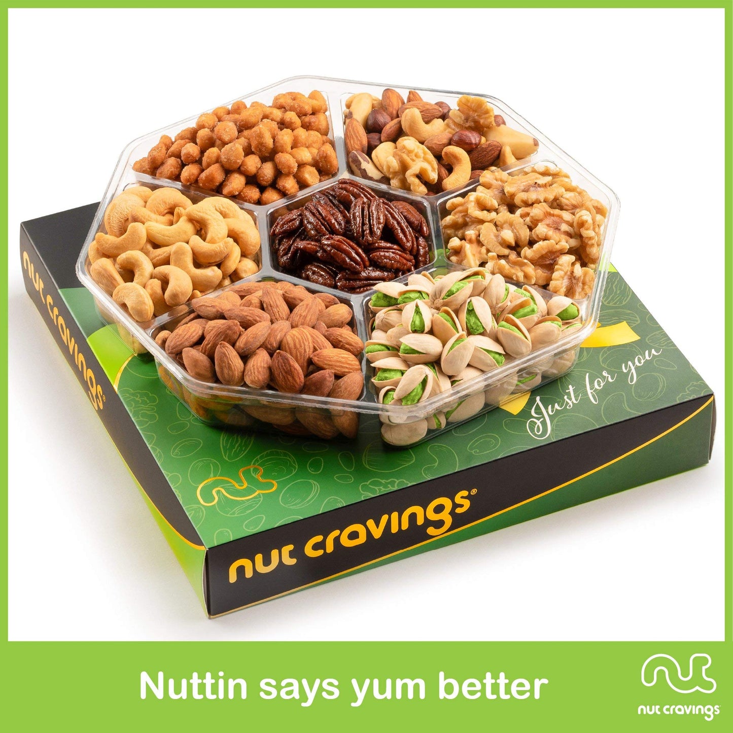 Nut Cravings Gourmet Collection - Rosh Hashana & Shana Tova Mixed Nuts Gift Basket In Green Gold Box (7 Assortments, 1 Lb) Arran