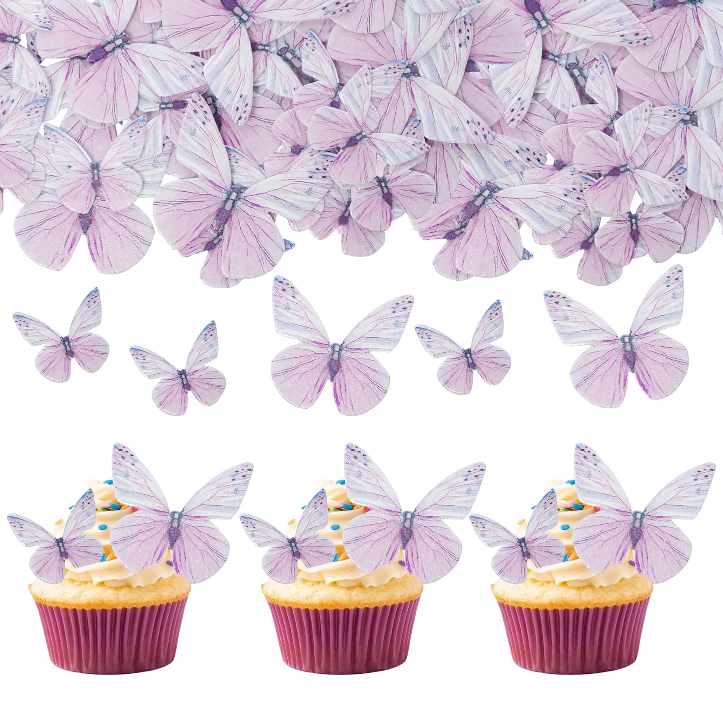 Gyufise 72Pcs Edible Cupcake Toppers - Butterfly Shaped Cake Decoration Picks for Baby Shower, Kids Birthday Party - Purple