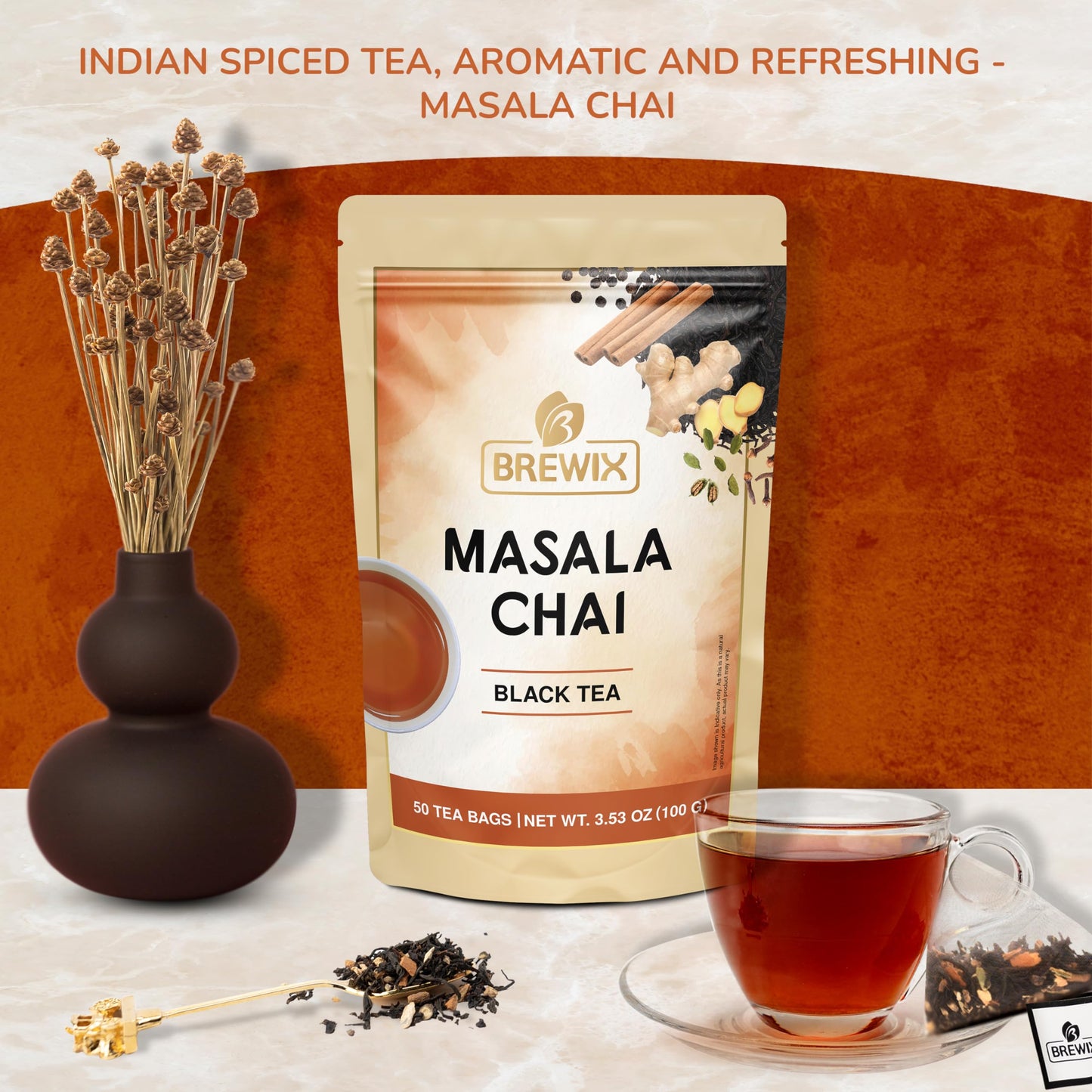 Brewix, Masala Chai Tea Bags (50 Pyramid Tea Bags) Strong, Robust & Spicy - Pure Ingredients | Black Tea, Cinnamon, Ginger, Blac