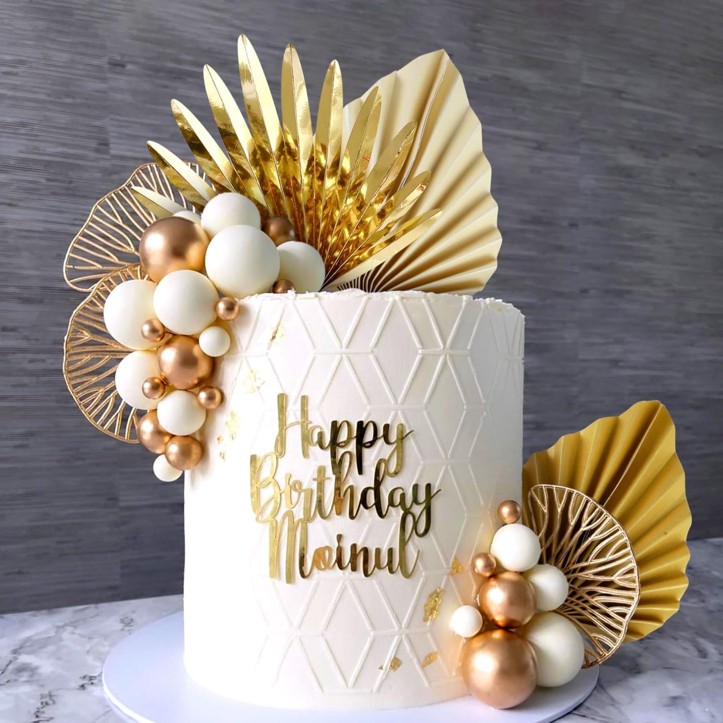 LaVenty Cake Decoration - Champagne Rose with Gold Balls & Palm Leaves, 2x4, Golden Color, Boho Party Supplies