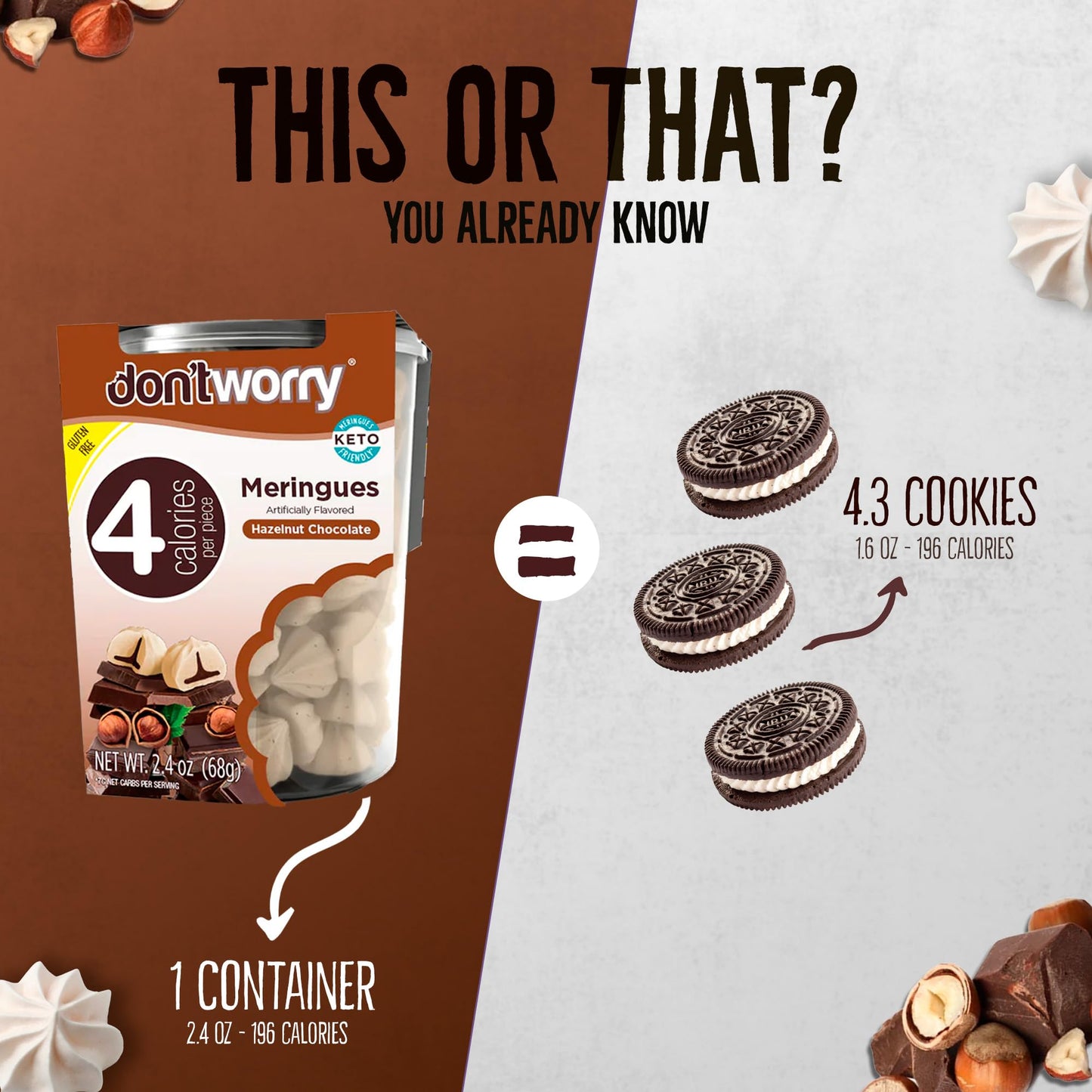 Don'T Worry Low Calorie Meringue Cookies - 4 Pack - Hazelnut, Mint & Chocolate | Chocolate Filled Center |Only 4 Calories Per Pi