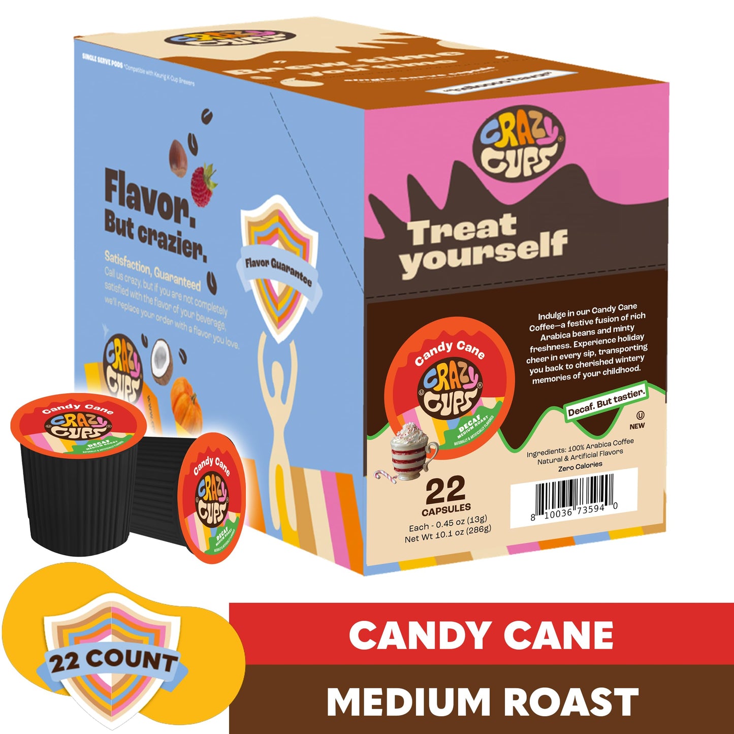 Crazy Cups Candy Cane Coffee Flavored Coffee Pods, Medium Roast Holiday Flavored Decaf Coffee, Festive Candy Cane Decaf Holiday Coffee For Keurig K Cup Malt-Inspired, 22 Count