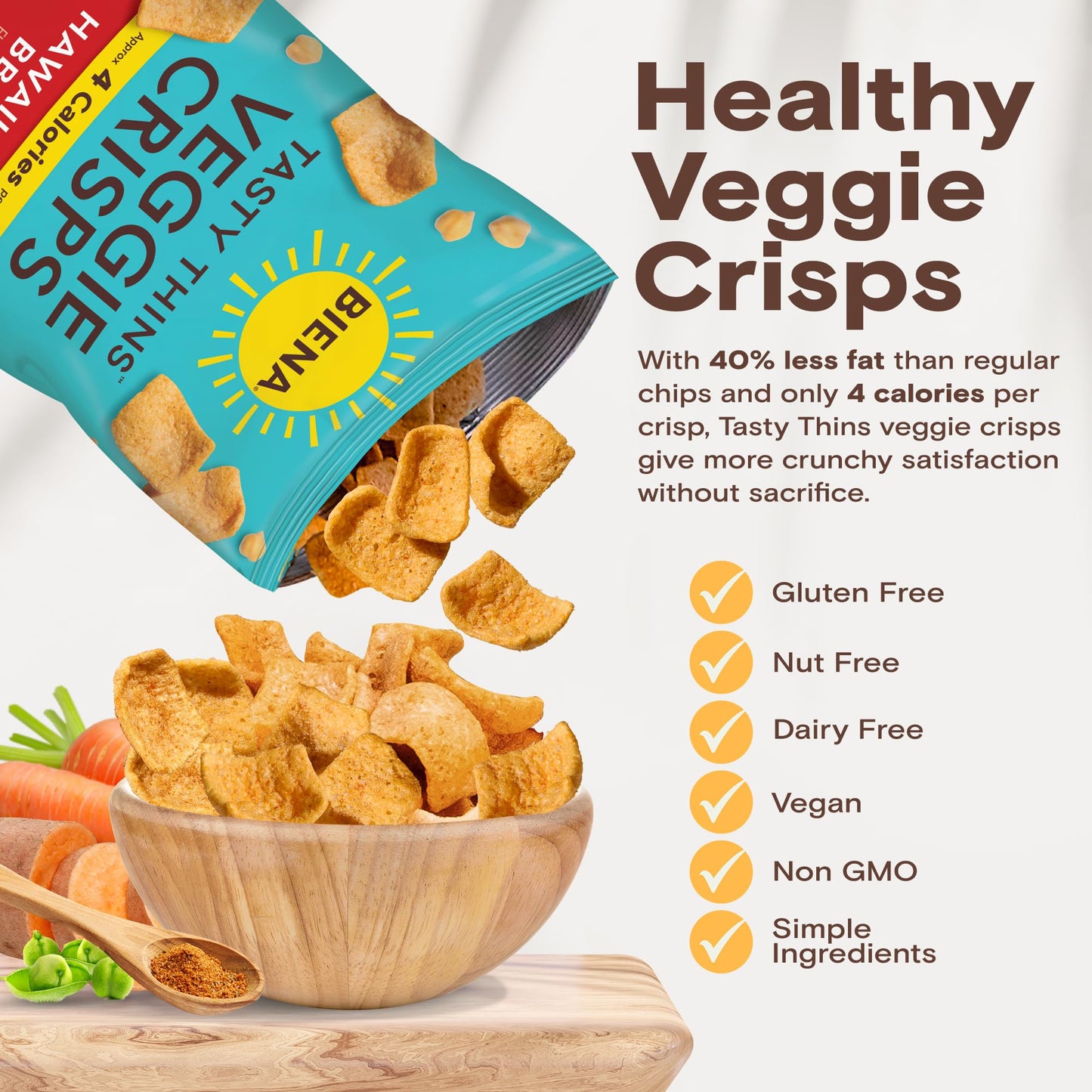 Biena Tasty Thins Veggie Crisps - Hawaiian Bbq, 4-Pack, 4 Oz Bags - Chickpeas & Veggies, Vegan, Gluten Free, Dairy-Free, Non-Gmo