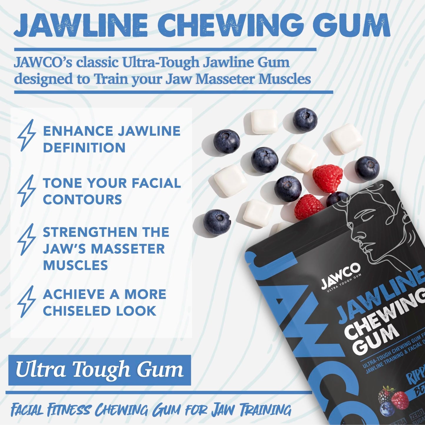 JAWCKO Ultra-Tough Jawline Chewing Gum | Get a Stronger  Squarer Jawline | Ripped Berry Jaw Training Hard Gum | 15X Strength | Chisel  Sculpt  Tone your Jaw | Facial Fitness Mewing Gum | 40 Pieces/Pack