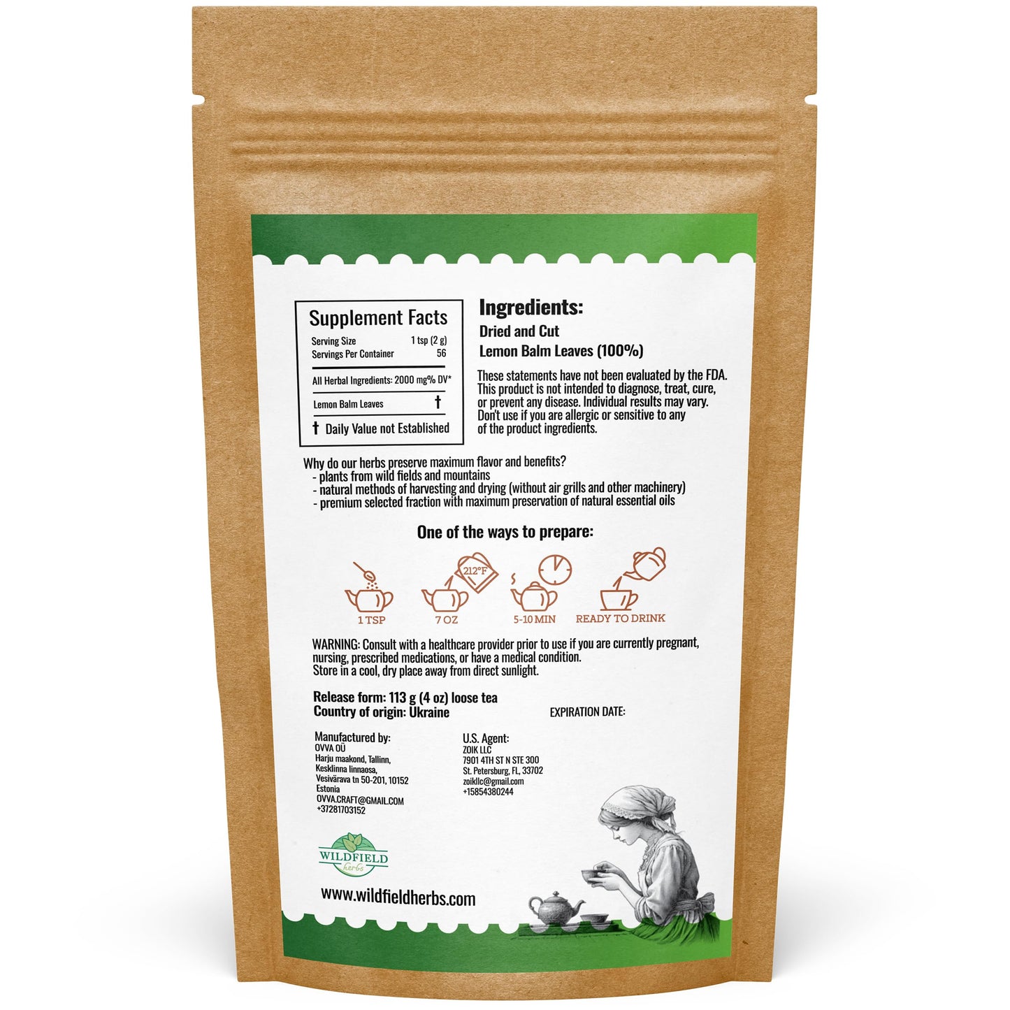 4 Oz. Dried Lemon Balm Herb Frontier Loose Lemon Balm Tea Bags (Melissa Officinalis Tea) - 113G Melissa Herb Te De Toronjil