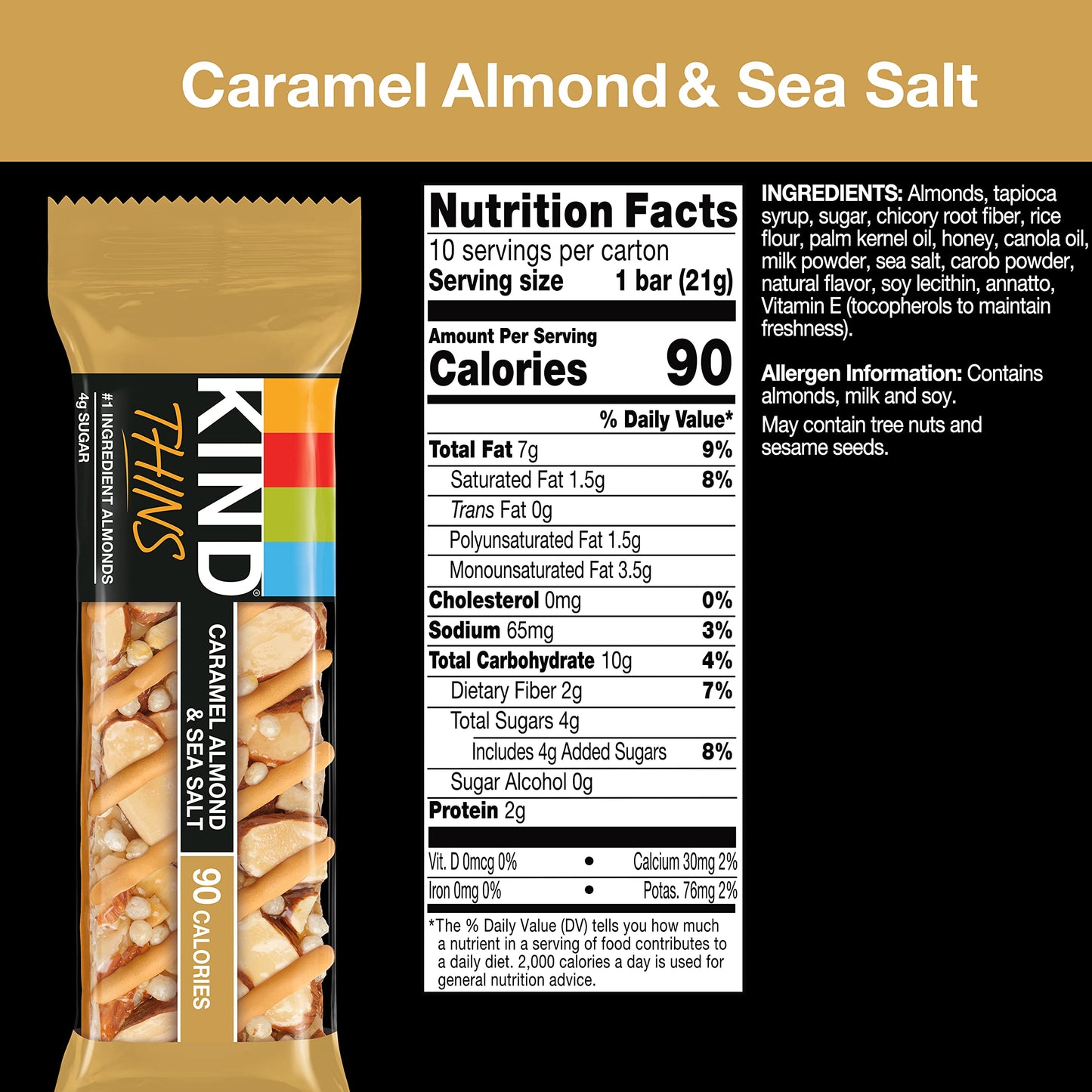 KIND THINS Caramel Almond & Sea Salt Bars  0.74 Ounce  Gluten Free  4g Sugar  10 Count (Pack of 6)