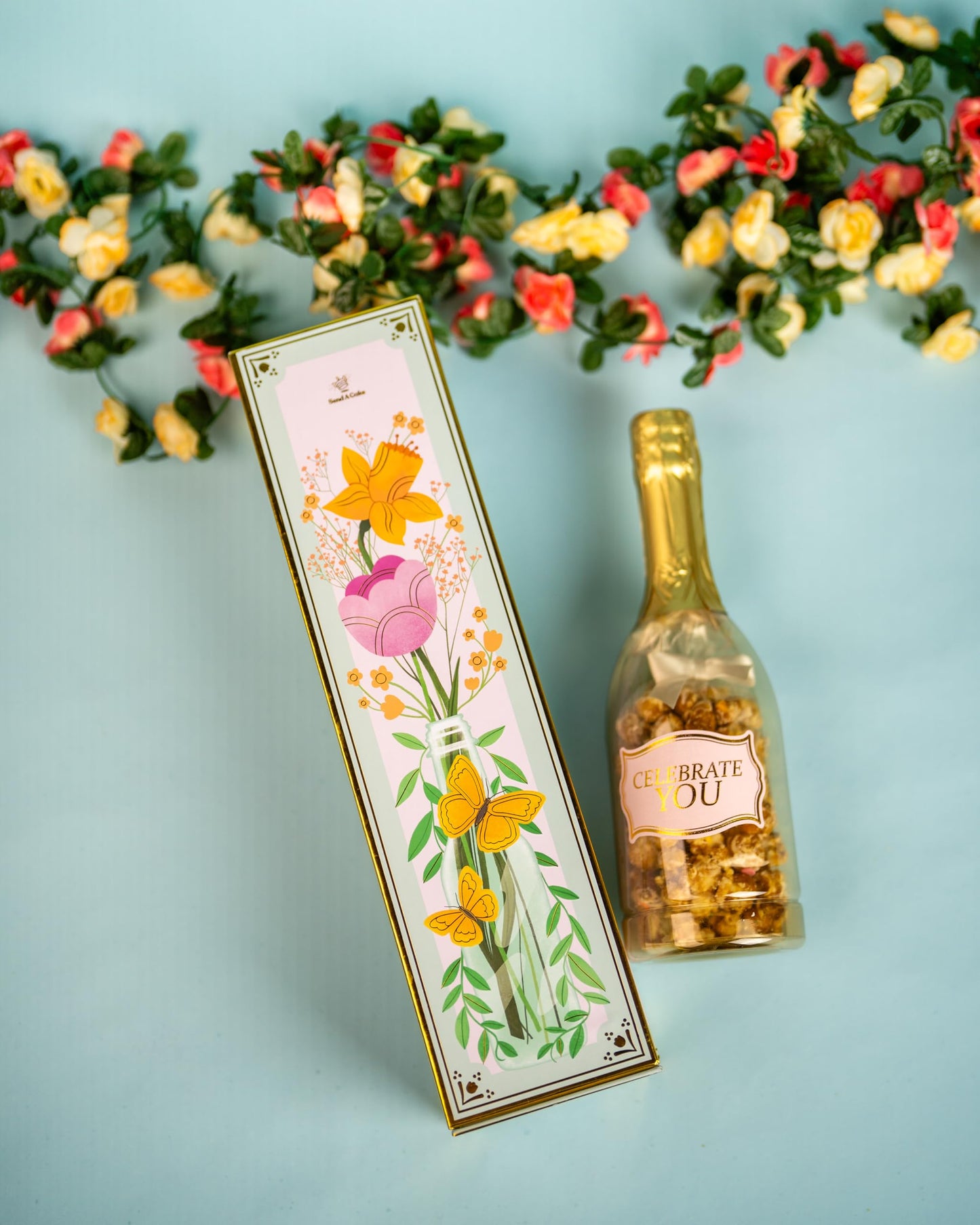 Birthday Floral Bubble Box With Caramel White Chocolate Popcorn By Send A Cake, Ready To Gift, No Assembly Required - Unique Happy Birthday Gift For Women, Men, Sister, Mom, Dad, Best Friend