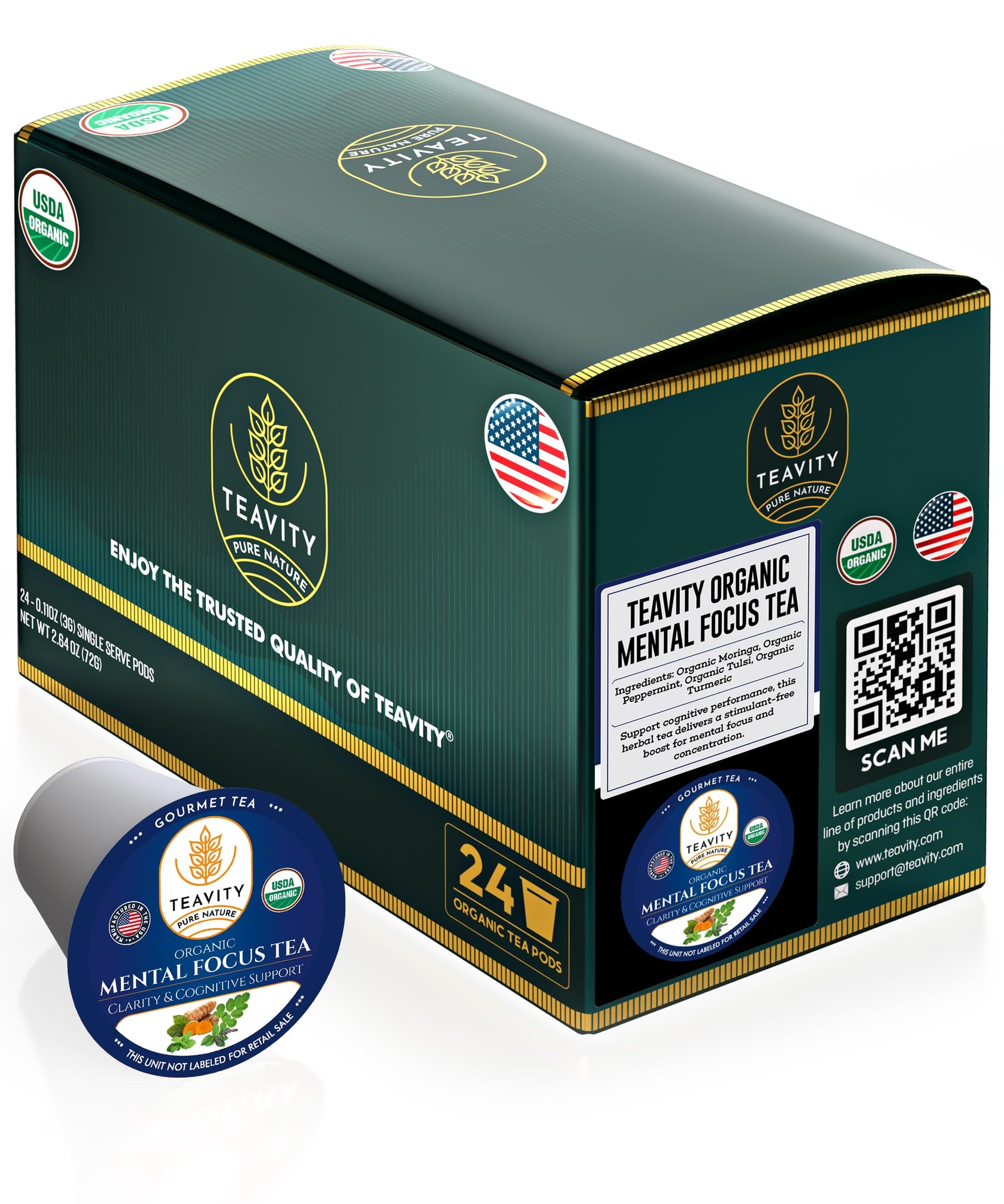 Teavity Organic Mental Focus Tea Pods (24 Count) - Moringa, Peppermint, Holy Basil & Turmeric - Naturally Decaf - Keurig Compati