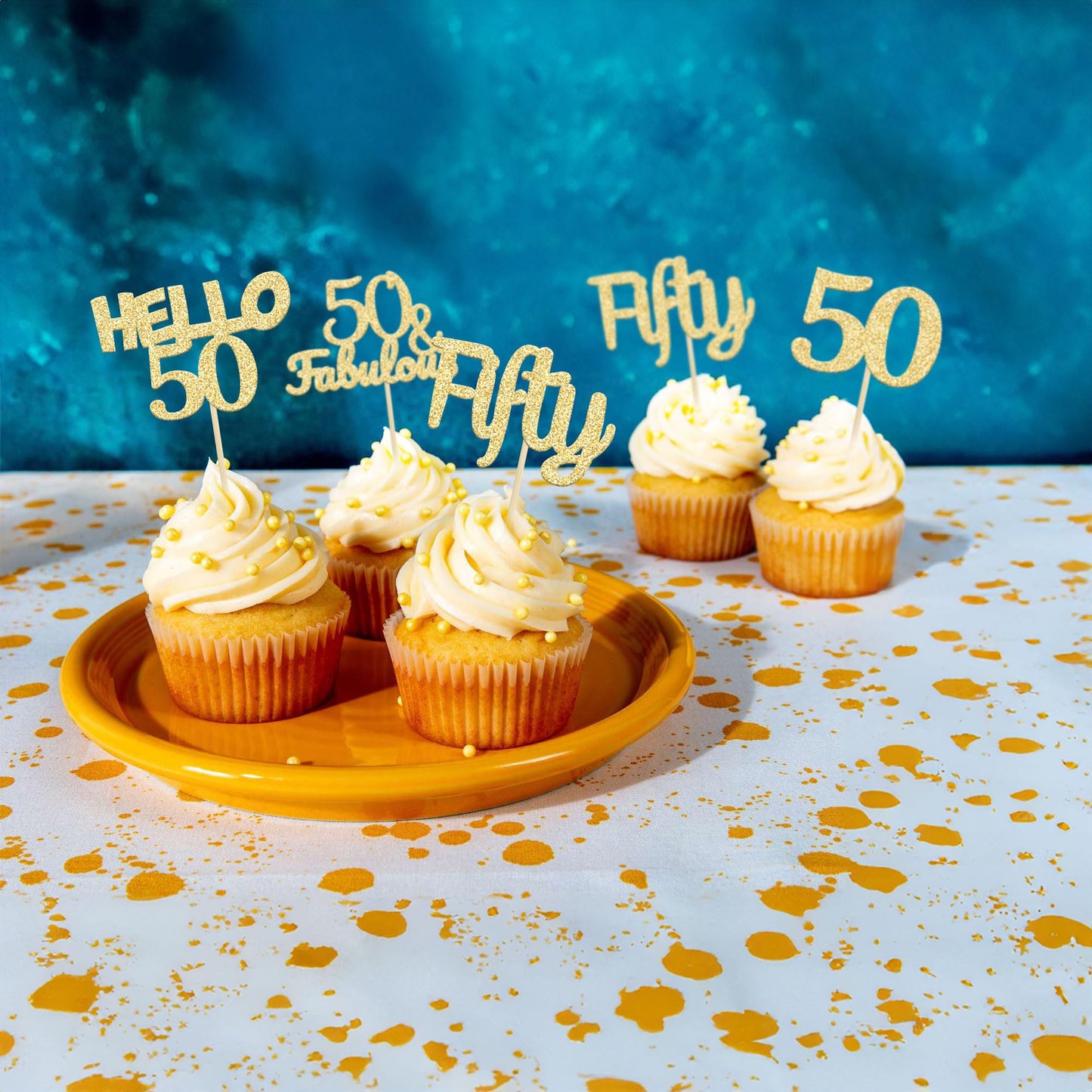 Gyufise 24Pcs Gold Glitter 50Th Birthday Cupcake Toppers 50 & Fabulous Cake Decorations Hello 50 Fifty Cupcake Picks 50Th Birthd