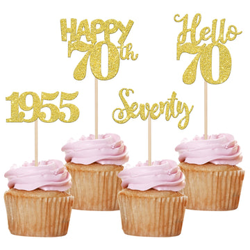 24 Pcs Happy 70Th Birthday Cupcake Toppers Glitter Hello 70 Cupcake Picks Seventy Since 1953 Cupcake Decorations For 70Th Birthd