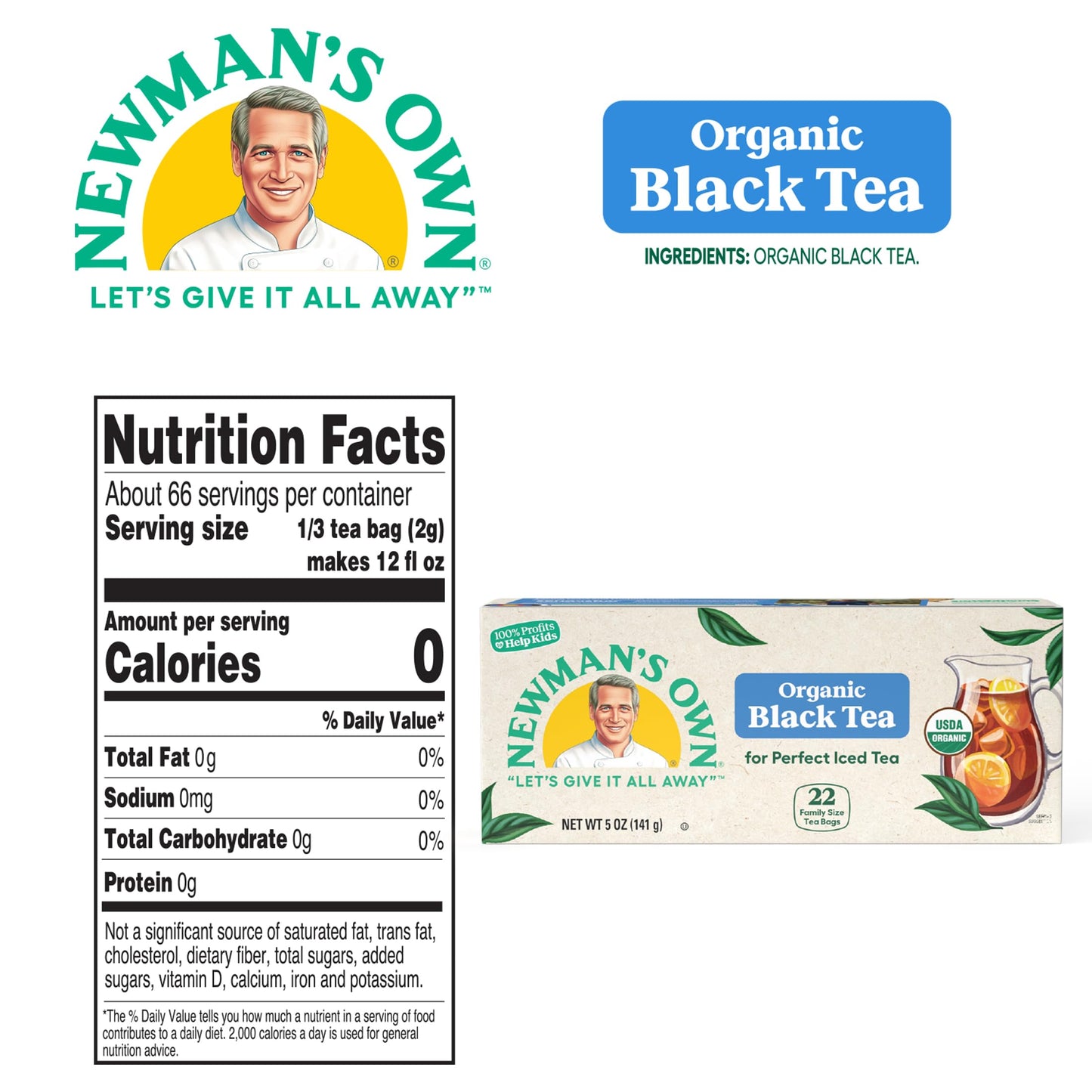 Newmans Own Organic Black Tea - Unsweetened, Family Size, 22 Count (Pack of 6) - USDA Certified, Contains Caffeine