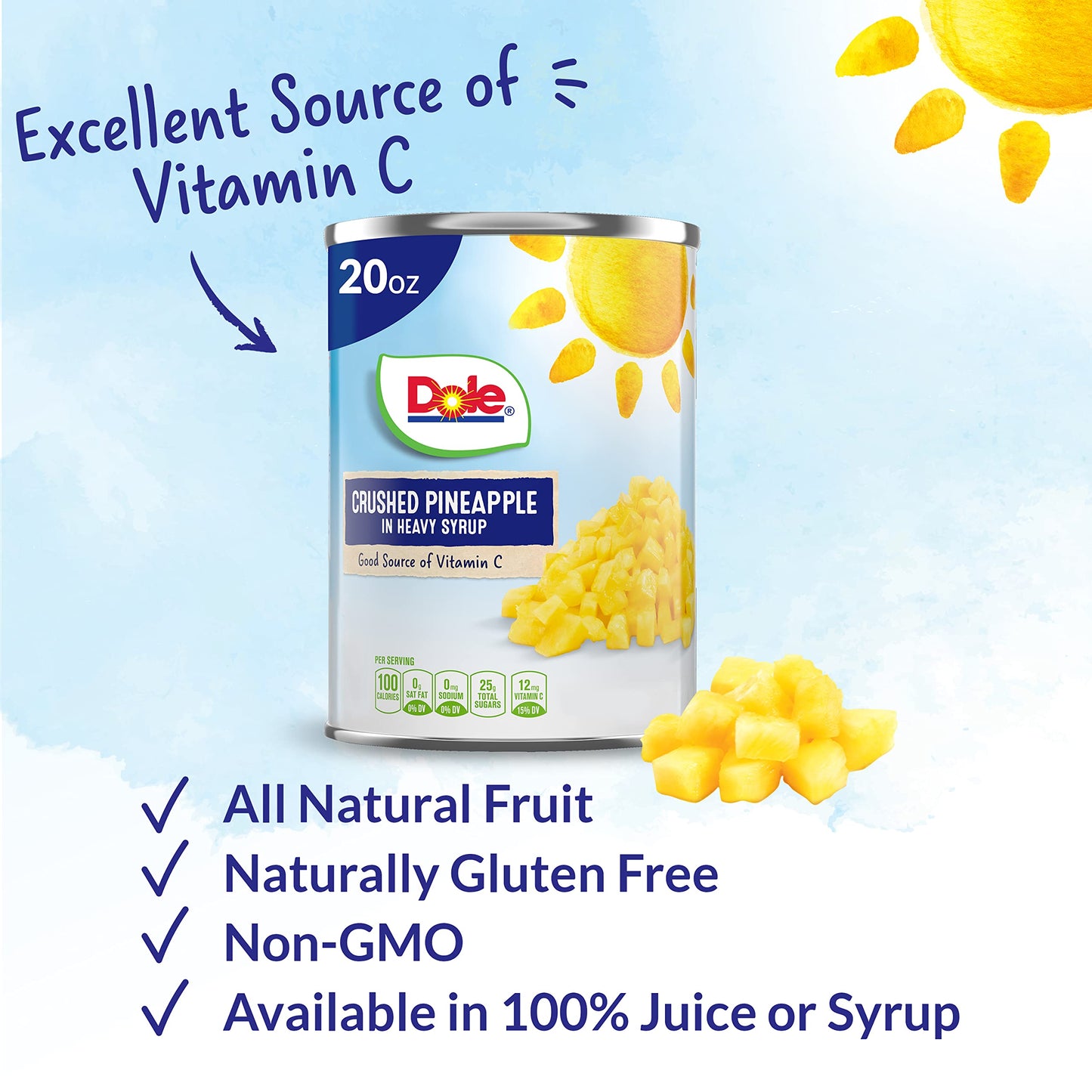 Dole Canned Fruit, Crushed Pineapple In Heavy Syrup, Gluten Free, Pantry Staples, 20 Oz, 12 Count, Packaging May Vary