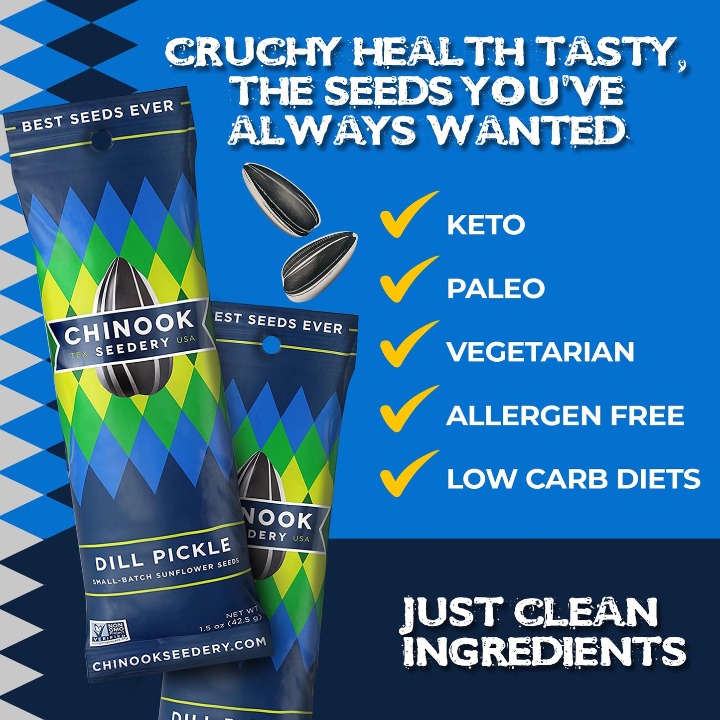 Chinook Seedery Roasted Sunflower Seeds To Eat - 1.5 Oz (Pack Of 36) Dill Pickle - Jumbo Low Sodium Sunflower Seeds Keto Snacks - Adventure, Baseball, School Snacks - Gluten Free, Non Gmo Snacks