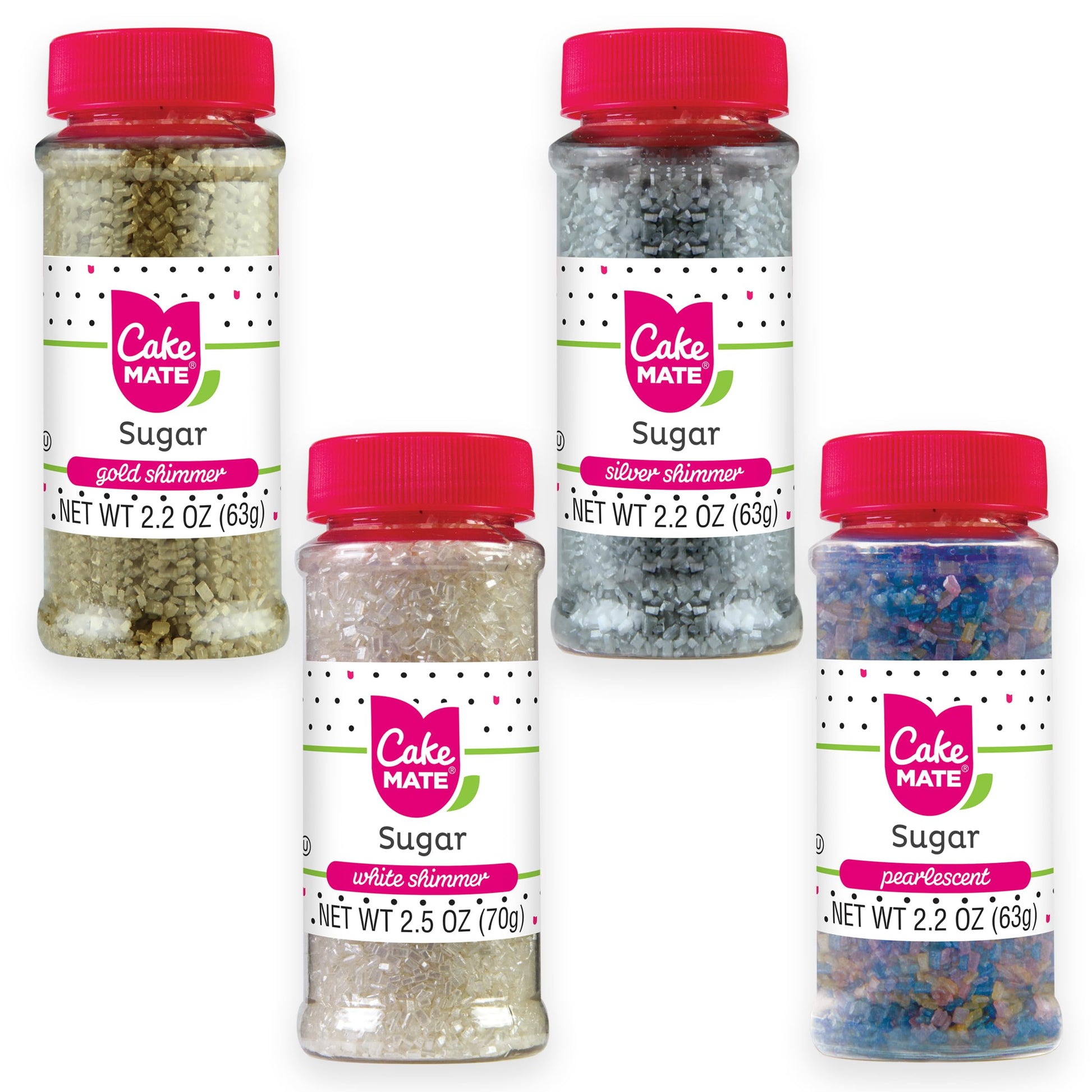 Cake Mate Shimmer Decorating Sugar 4-Pack - Gold, Silver, White, and Pearlescent - Edible Decorating Sugar for Cookies, Cupcakes