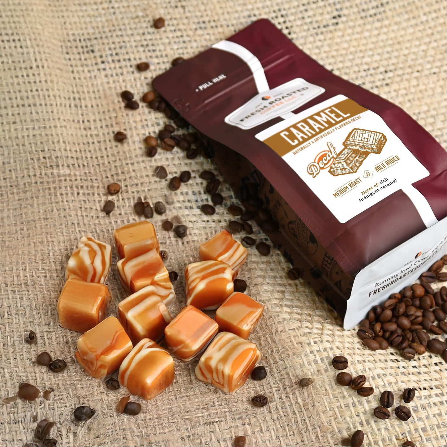 Fresh Roasted Coffee Decaf Caramel Flavored Whole Bean, Medium Roast, 12 oz, Kosher