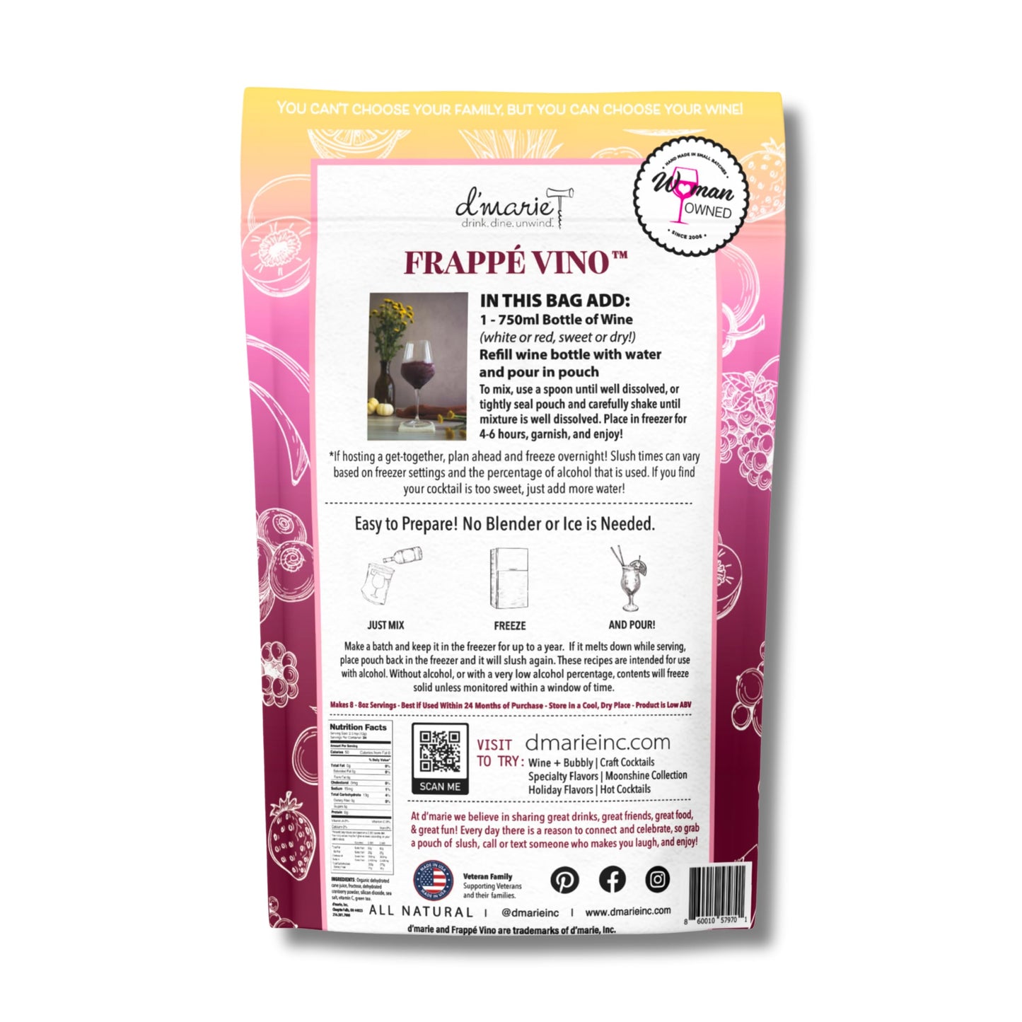 Frozen Cocktail Drink Mix - Each Bag Makes 10 Wine Slushies - Drink Powder Pouches For  - All Natural Low Sugar Mixer, No Blender Needed - Frappé Vino, 3 Pack