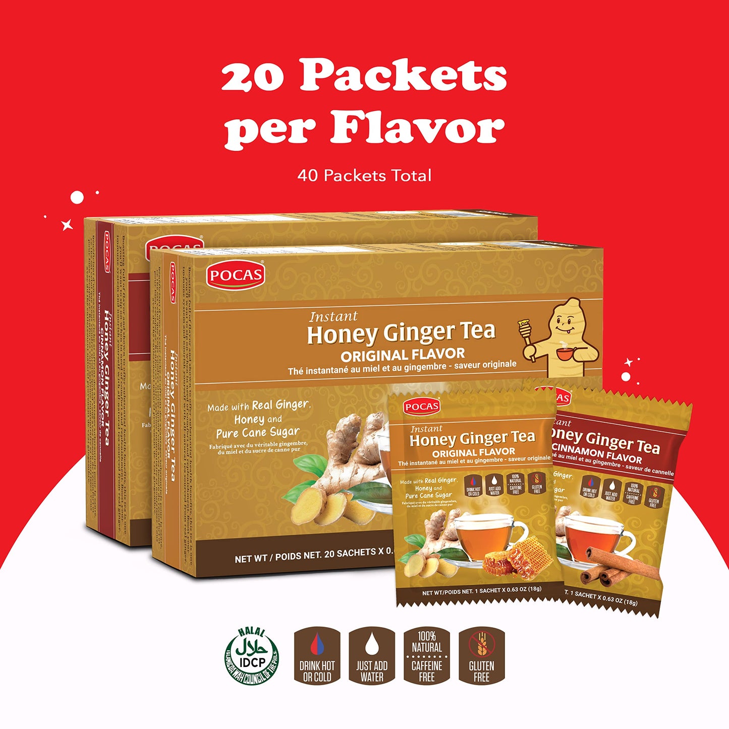 Pocas Honey Ginger Tea Variety Set - Instant Tea Powder, Non-GMO, Gluten Free, Caffeine Free, 40 Piece Assortment, Original & Cinnamon Flavors