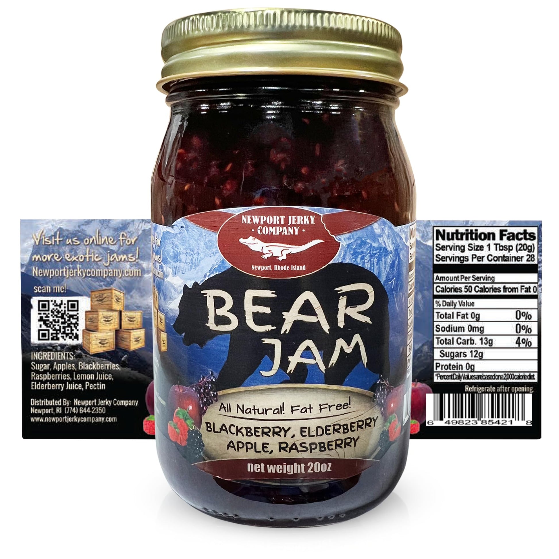 Newport Jerky Company Bear Jam - 16 oz All-Natural Fruit Spread with Blackberries, Elderberries, Apples & Raspberries - Handmade