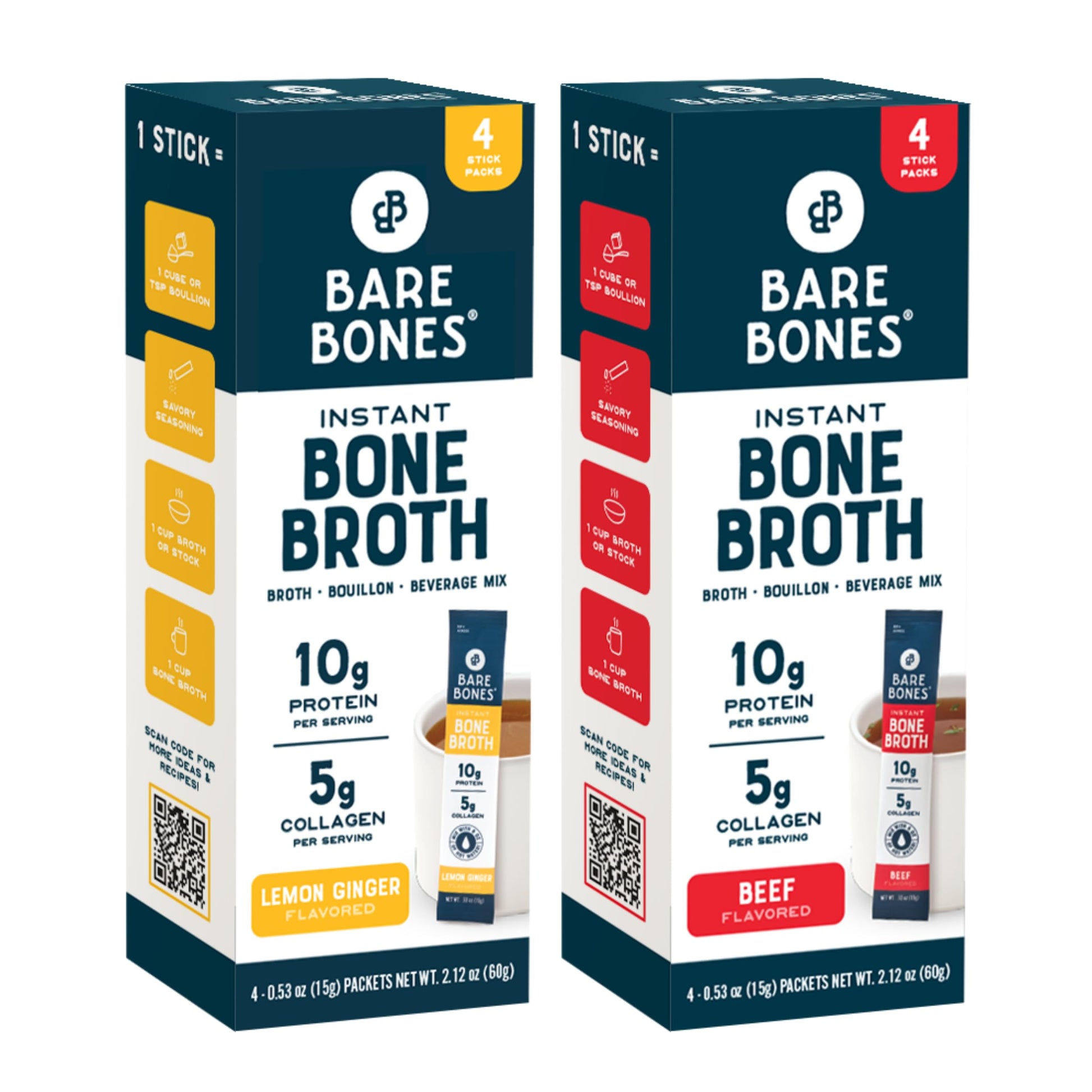 Bare Bones Bone Broth Instant Beverage Mix, Chicken & Beef Variety Pack, 8 Sticks, 15g Each, Keto & Paleo Friendly