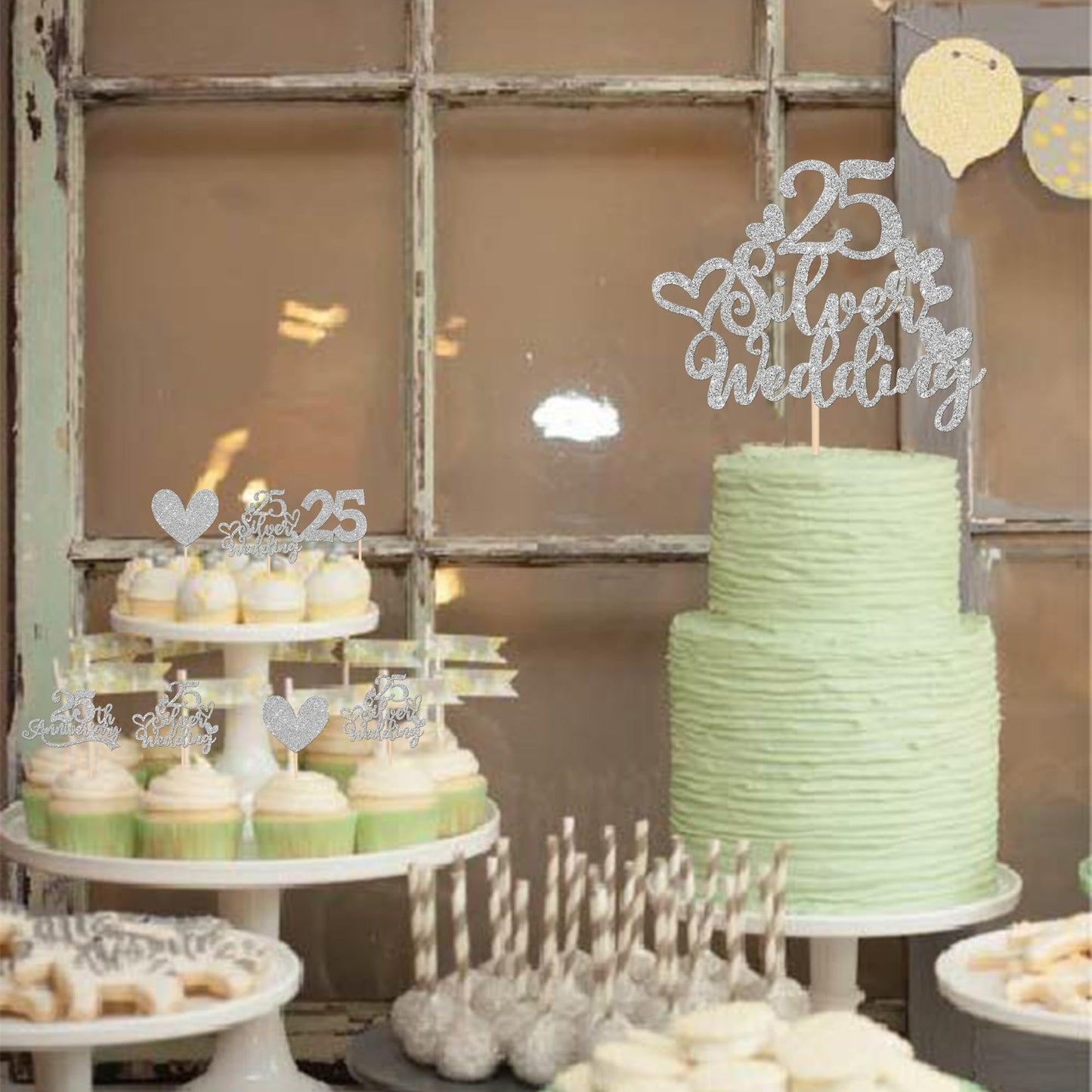25 Pcs 25Th Anniversary Cupcake Toppers With 25 Silver Wedding Cake Topper Glitter Heart 25Th Wedding Anniversary Cupcake Picks