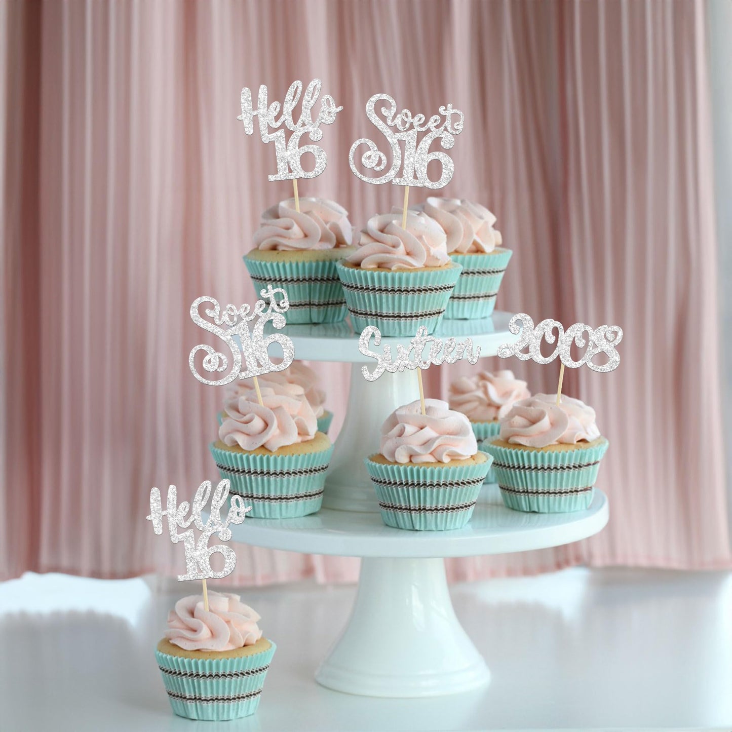 Gyufise 24Pcs 16Th Birthday Cupcake Toppers Silver Glitter Hello 16 Sweet 16 Cupcake Picks 2008 16Th Birthday Cake Decorations F