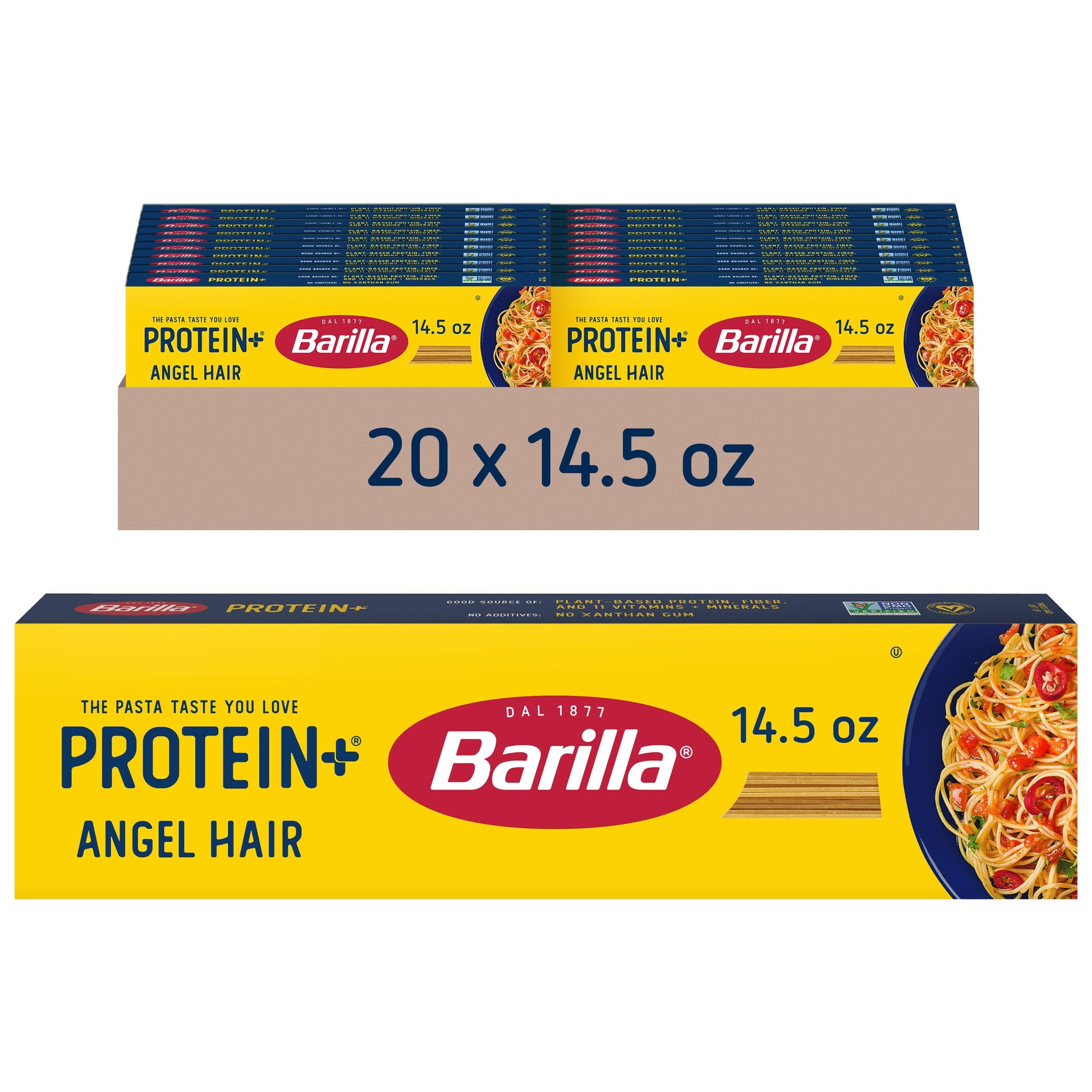 Barilla Protein+ (Plus) Angel Hair Pasta, 14.5 Ounce (Pack of 20) - plant based - Made from Lentils, Chickpeas & Peas - Non-GMO,