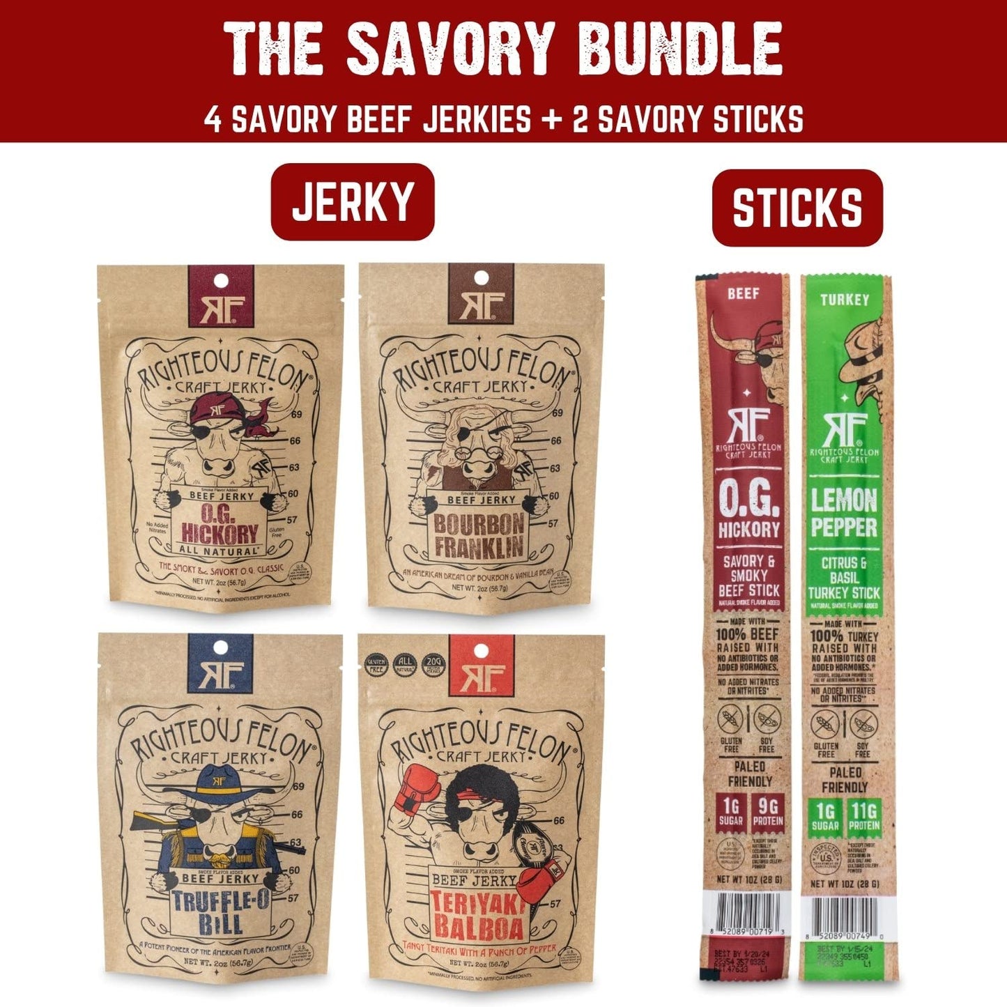 Righteous Felon Savory Beef Jerky Variety Gift Pack - Great Gifts For Men | Gluten Free, High Protein Healthy Snack | Bulk Beef,