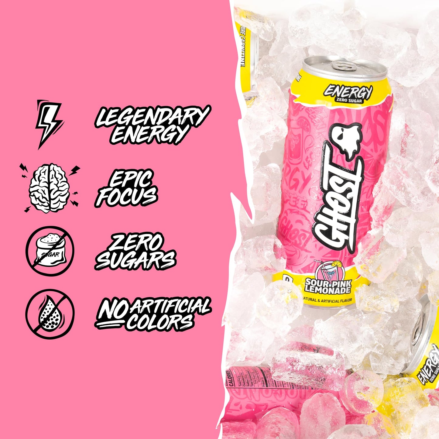 GHOST Energy Drink - Sour Pink Lemonade - 12-Pack - 16oz Cans - Gluten-Free & Vegan - 200mg Natural Caffeine