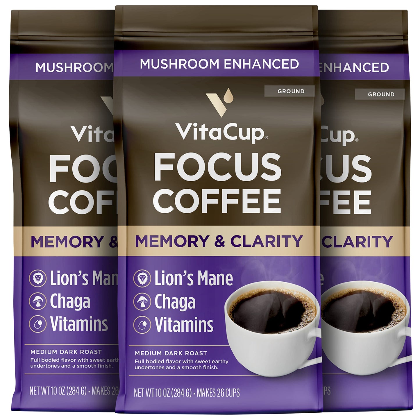 VitaCup Focus Ground Mushroom Coffee, Medium Dark Roast, 10oz Bags, Boosts Focus & Immunity, 3 Bags 