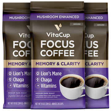 VitaCup Focus Ground Mushroom Coffee, Medium Dark Roast, 10oz Bags, Boosts Focus & Immunity, 3 Bags 