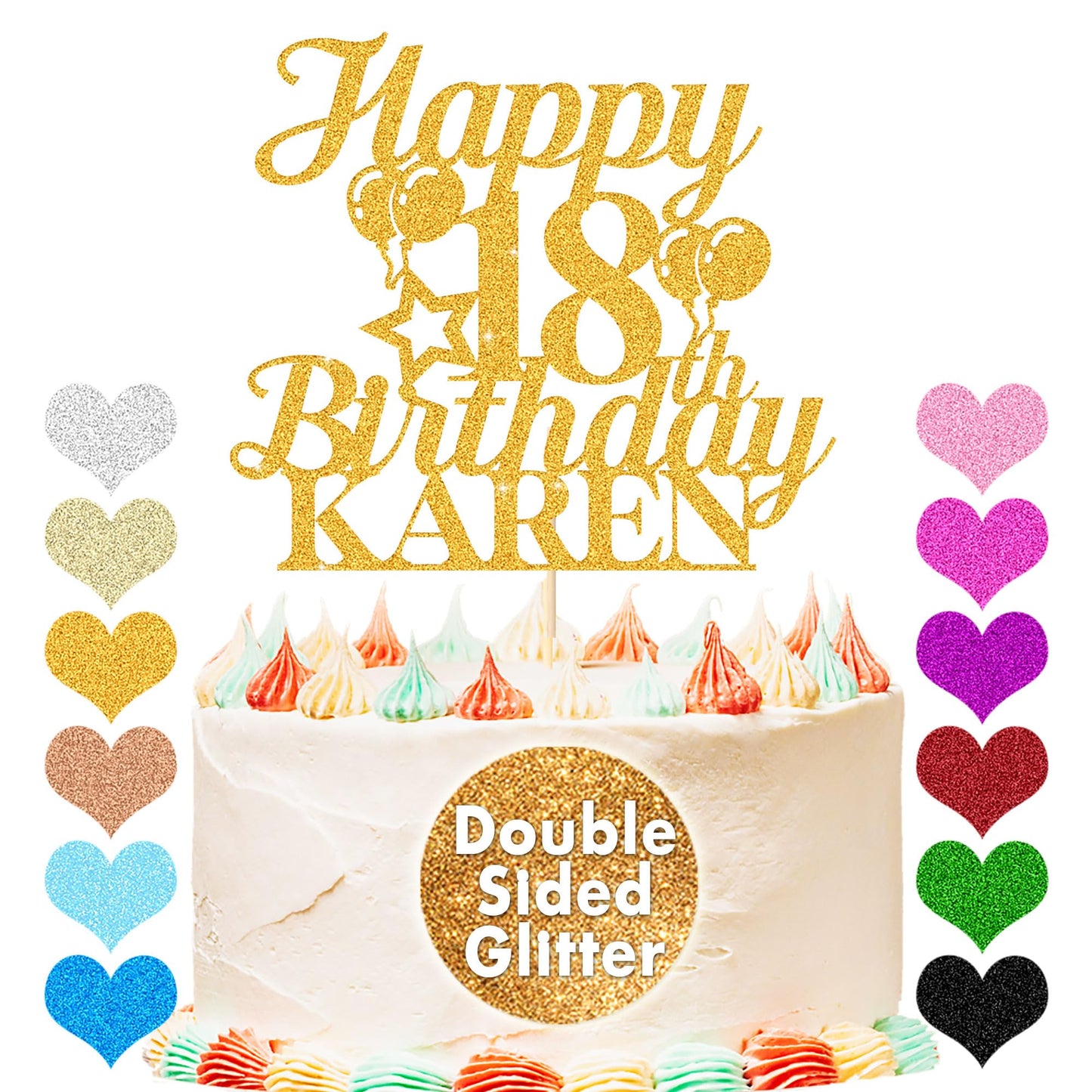 EDSG Happy Birthday Cake Topper Personalized Double-Sided Glitter Custom Gifts Any Age & Name Gold