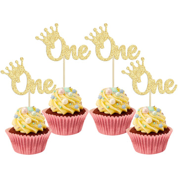 Gyufise 24Pcs Crown Cupcake Toppers Gold Glitter Crown One Cupcake Picks Prince 1St Birthday Crown Cupcake Decors For Prince Cro