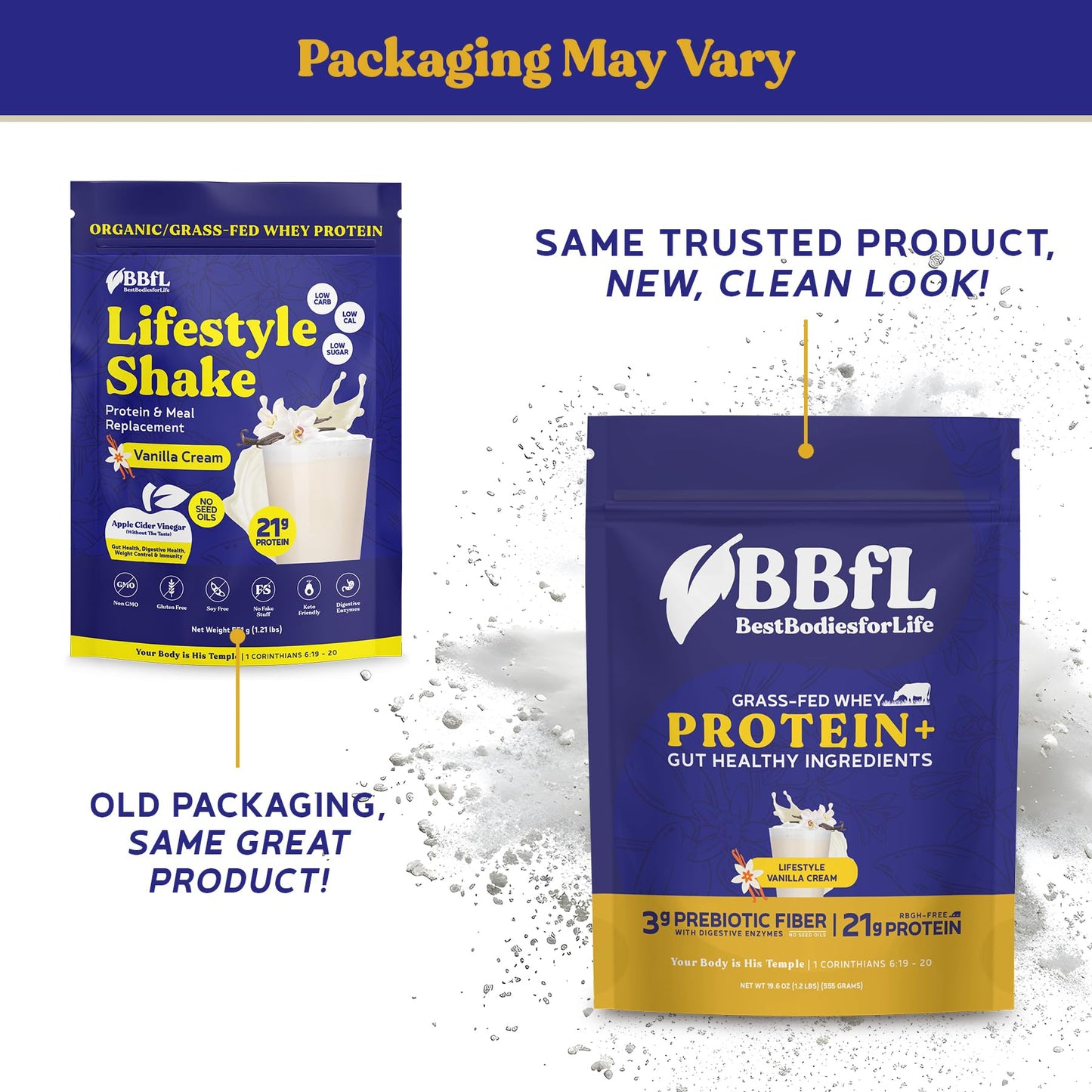 BBfL Grass-Fed Whey Protein Shake, 21g Protein, Vanilla Bean, 15 Servings, Model VC-7806SH