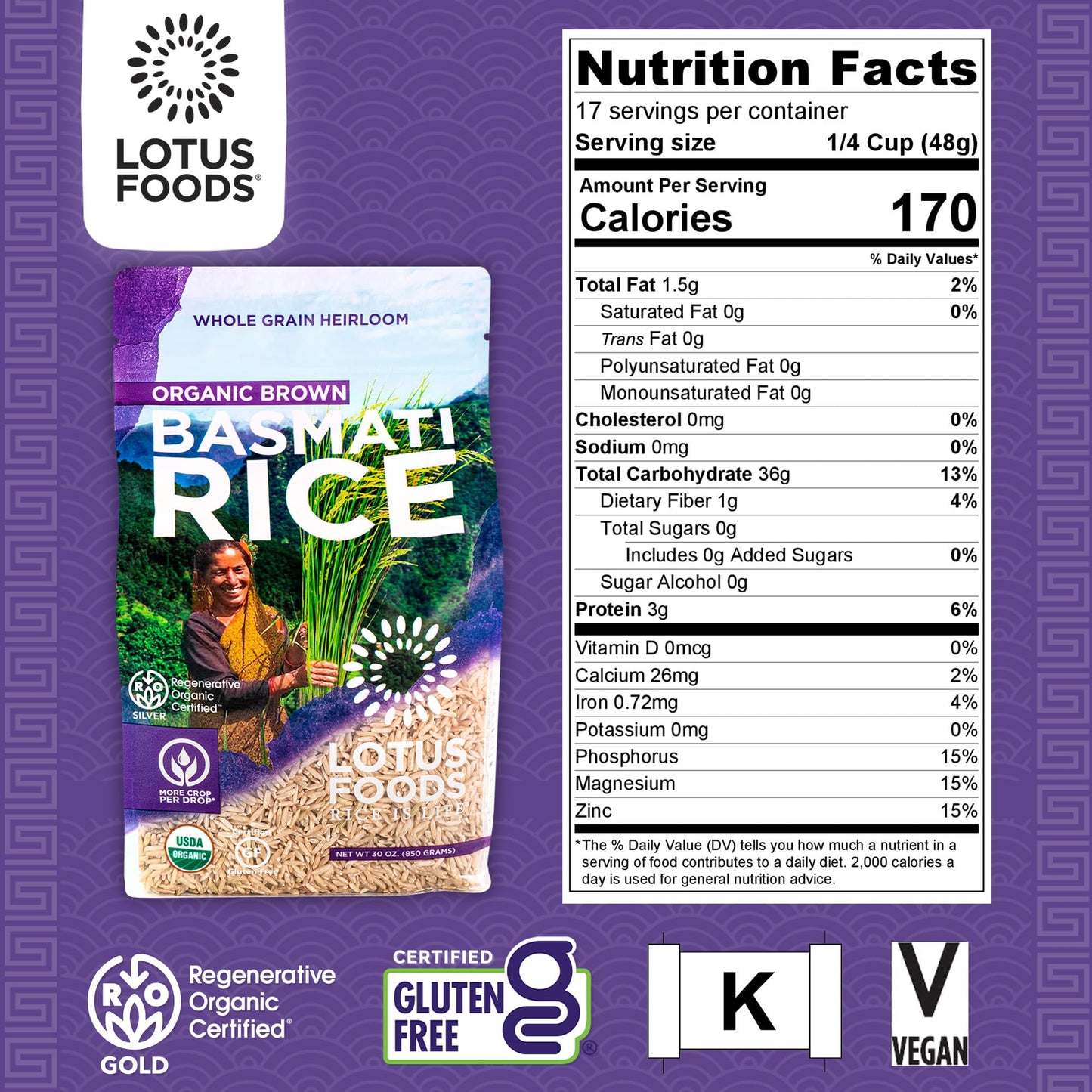 Lotus Foods Regenerative Organic Brown Basmati Rice - Gluten Free Whole Grain Heirloom Rice, Vegan, Non Gmo, Use For Curries, St