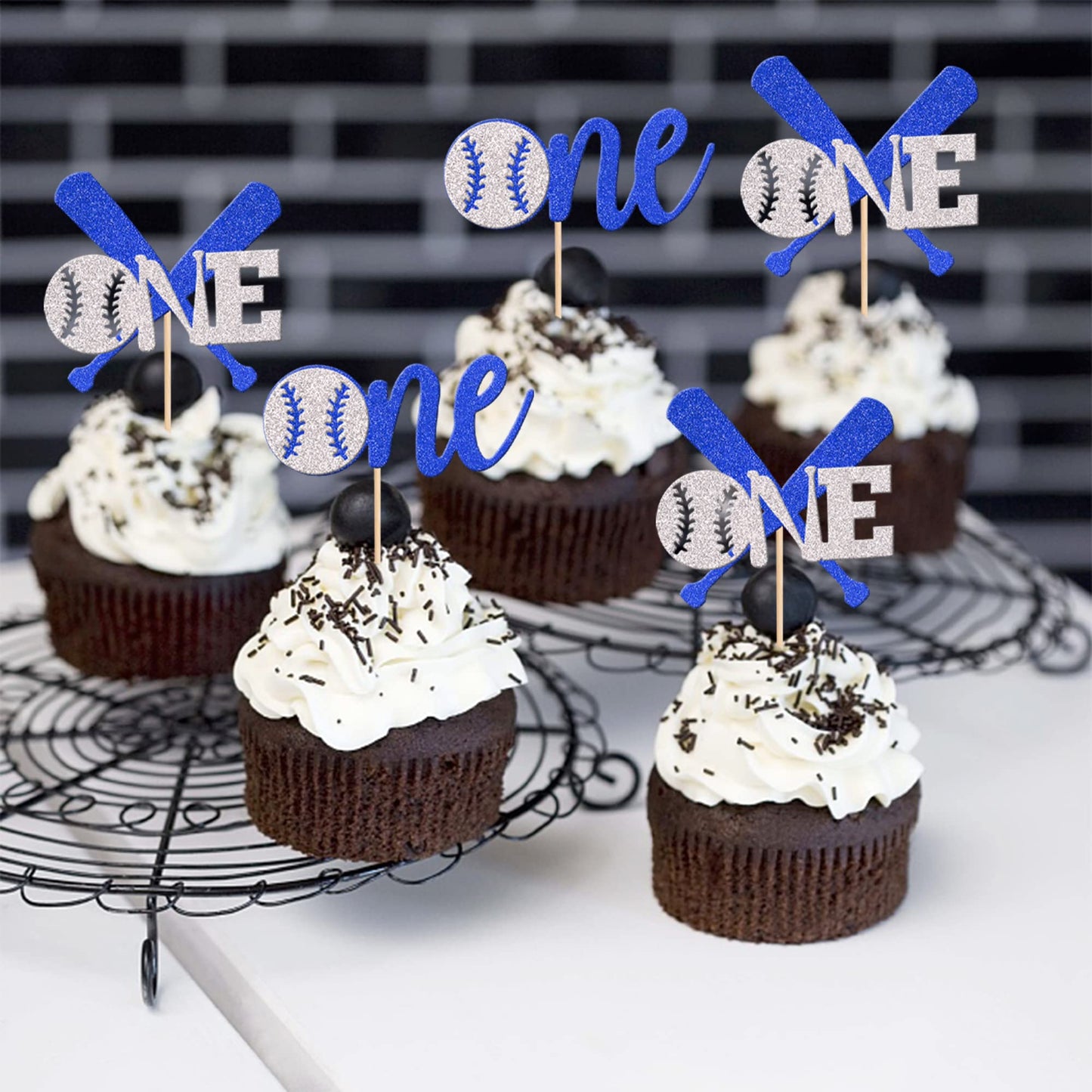 24 Pcs Baseball One Cupcake Toppers Glitter First Birthday Baseball Cupcake Picks For Baseball Sports Theme Baby Shower 1St Birt