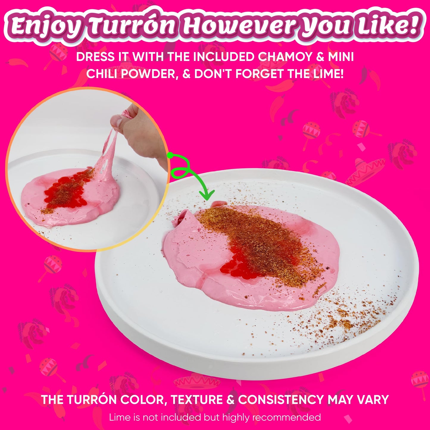 Sabores De Mexico Turron Kit - 4oz Turron, 2 Mini Chili Powders, 3 Chamoy Packets, 4 Limon7, Sweet & Spicy Mexican