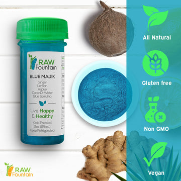 Raw Fountain Immunity Shots - Blue Spirulina, Agave, Lemon, Ginger - 2 Fl Oz (Pack of 20) - All Natural, Cold Pressed, No Preservatives
