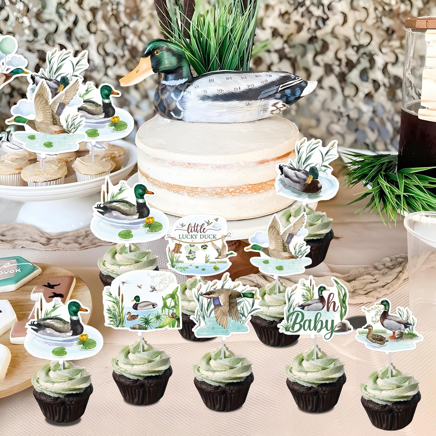 Mallard Duck Baby Shower Decorations - Joybileefun 40Pcs One Lucky Duck Birthday Decorations Cupcake Toppers Hunting Birthday Pa