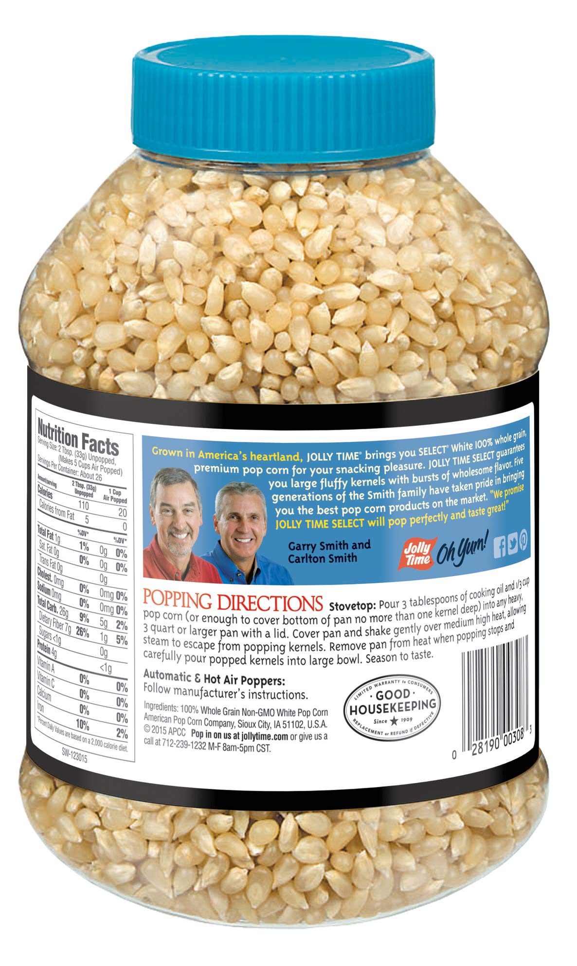 Jolly Time Popcorn Kernels, Gourmet Popping Corn, 30 Ounce (Pack of 6), Ideal for Air Popper or Stovetop