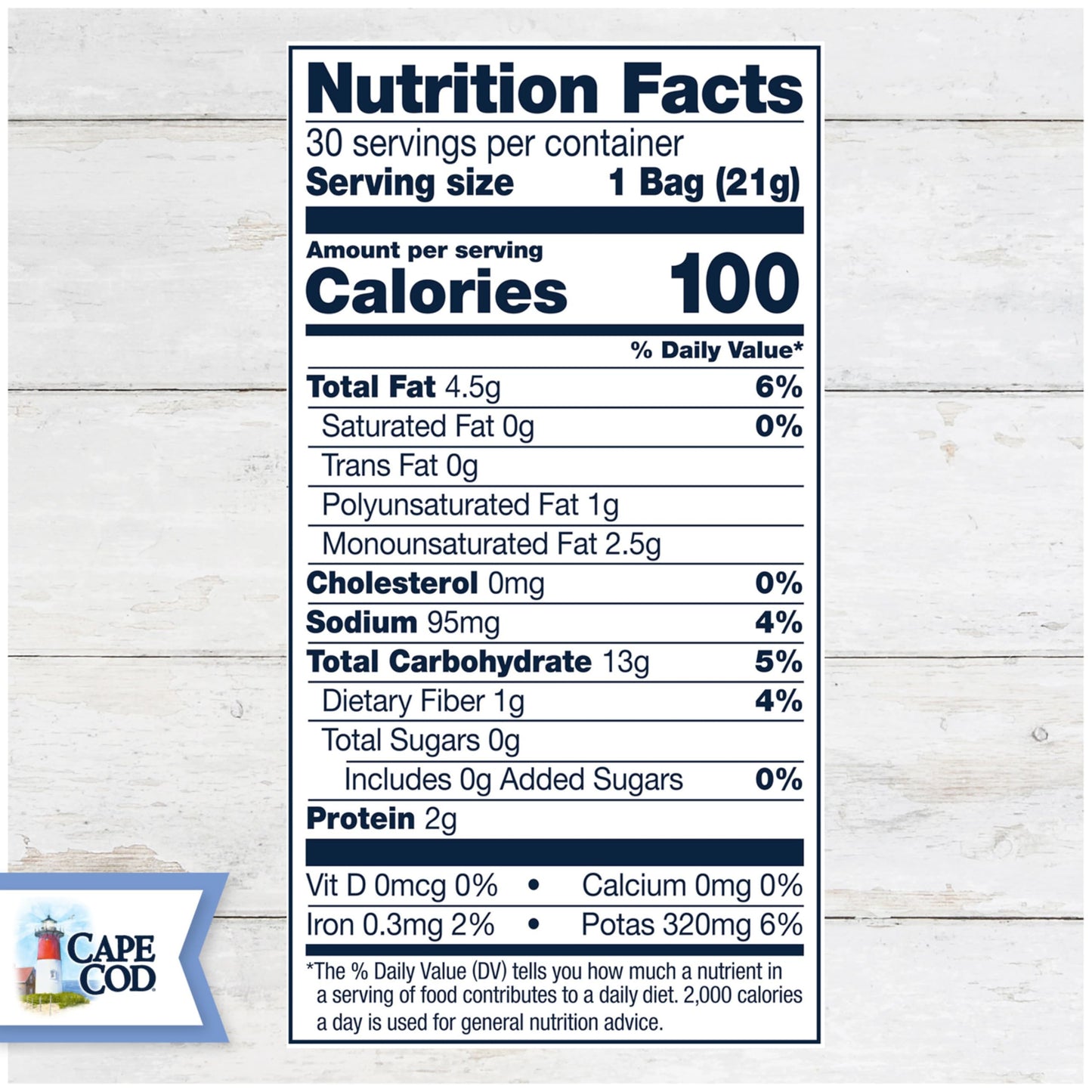 Cape Cod Potato Chips, Original Less Fat Kettle Cooked Chips, Snack Bags, Reduced Fat Original, 0.75 Oz (30 Count)