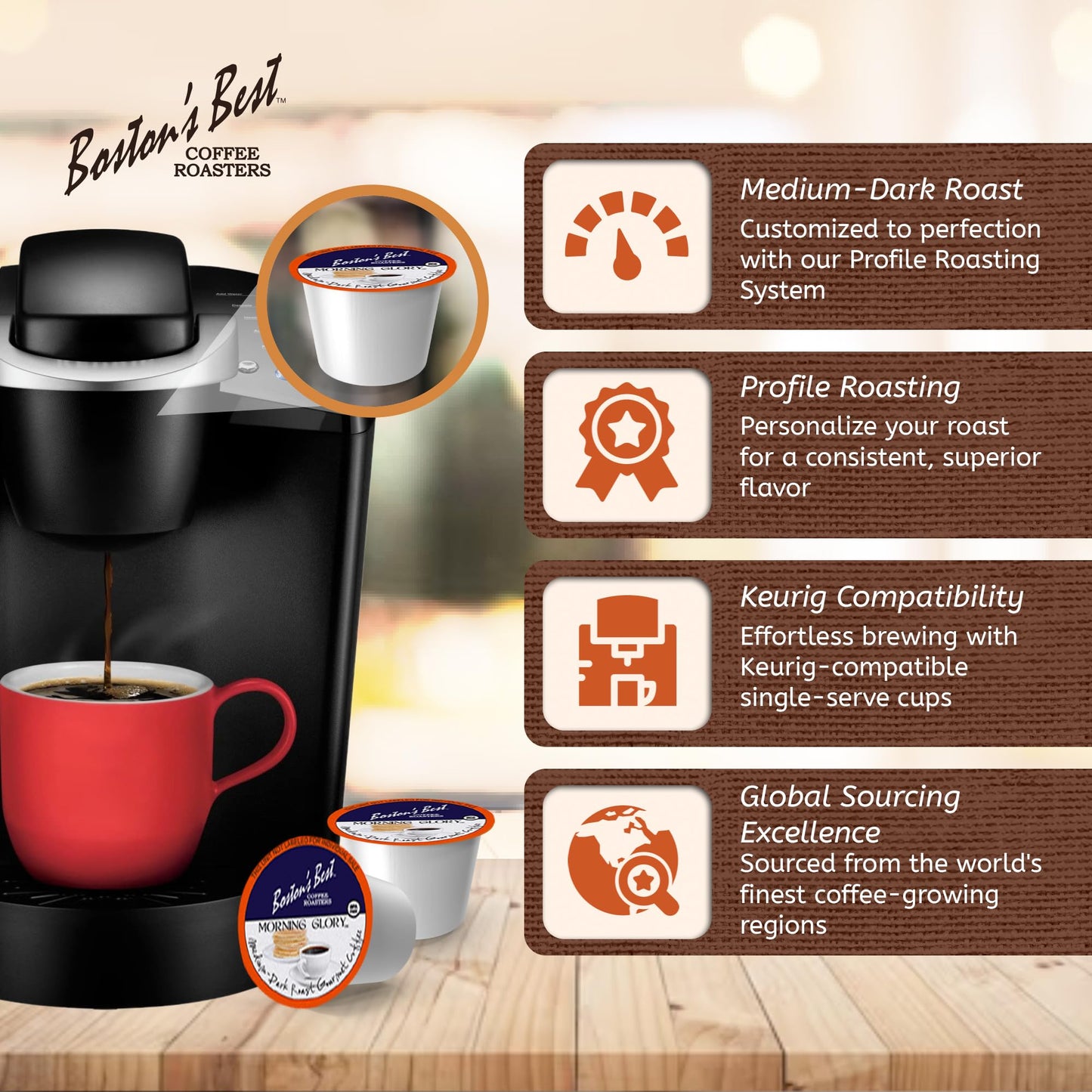 Boston’S Best Coffee - Morning Glory Blend, Delicious Medium Dark Roast Coffee, Gourmet Coffee Compatible With Keurig® Coffee Maker, 1 Count (80 Single Serve Cups)