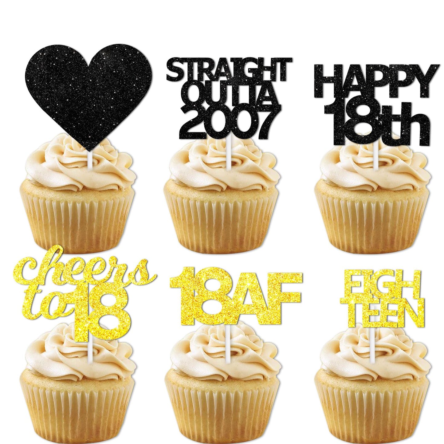 18pcs Black Gold Glitter Dessert Cupcake Pick for Straight Outta 2007 Cheer to 18 Years Old Theme Decor Supplies Happy 18th Birt