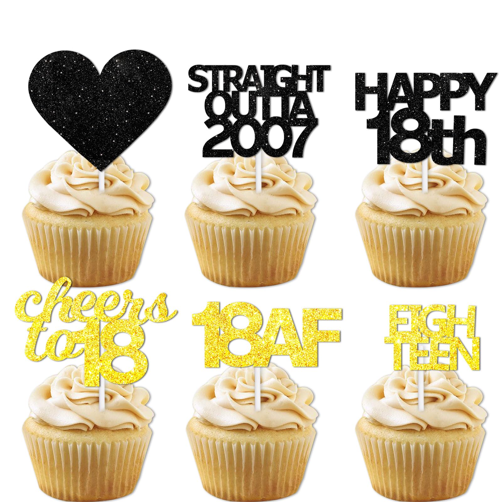 18pcs Black Gold Glitter Dessert Cupcake Pick for Straight Outta 2007 Cheer to 18 Years Old Theme Decor Supplies Happy 18th Birt