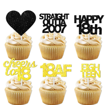 18pcs Black Gold Glitter Dessert Cupcake Pick for Straight Outta 2007 Cheer to 18 Years Old Theme Decor Supplies Happy 18th Birt