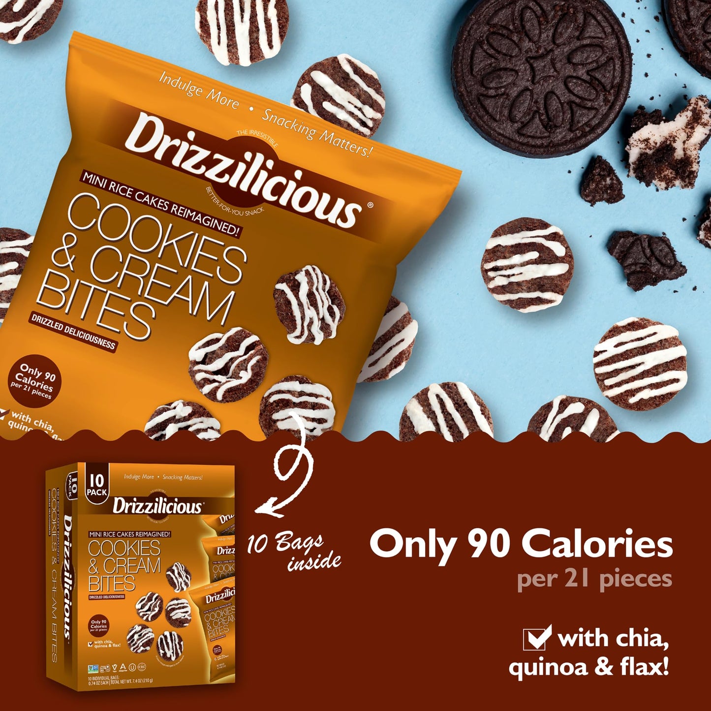 Drizzilicious Mini Rice Cakes Cookies & Cream, Vegan, Gluten Free, 0.74 oz (Pack of 10)