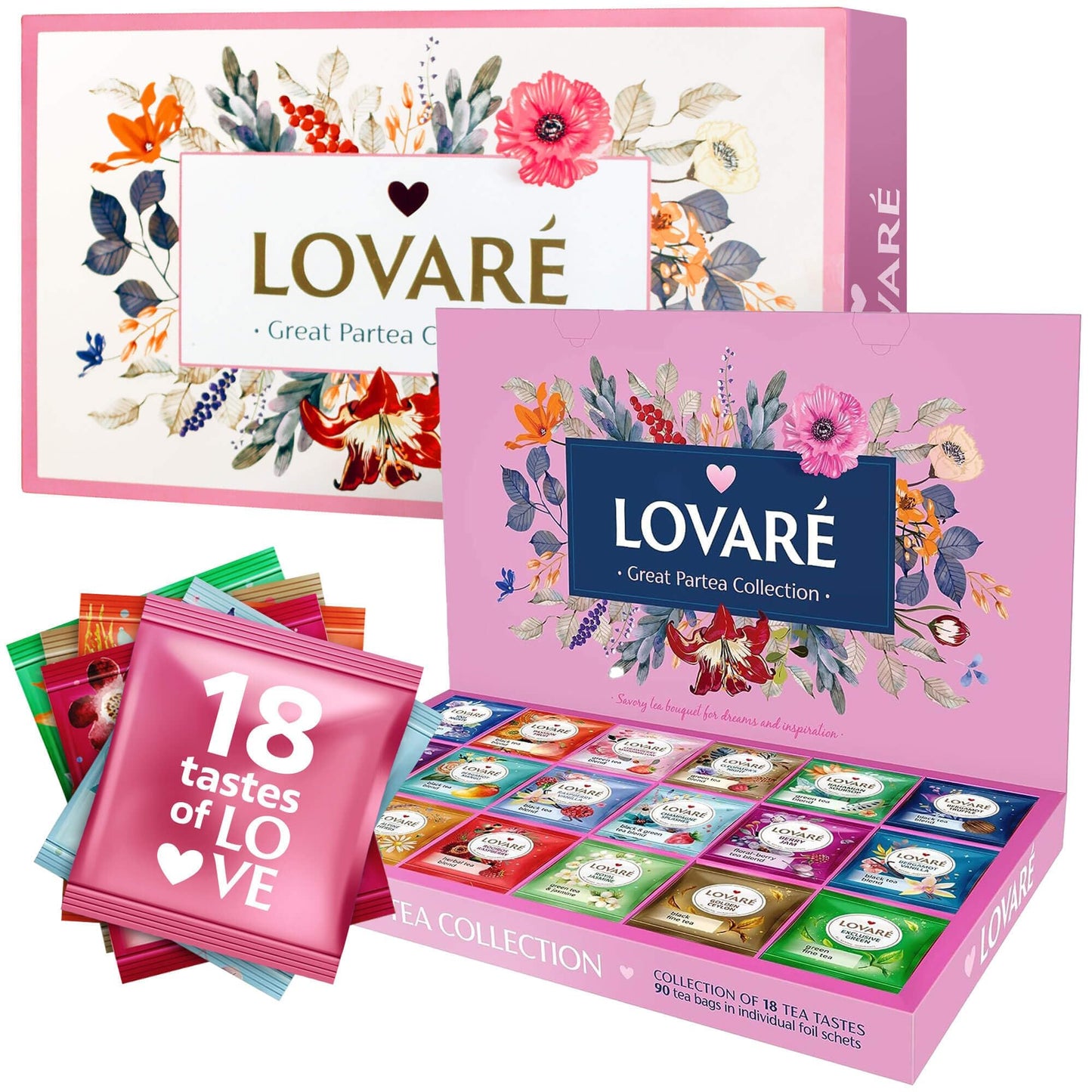 LOVARE Tea Bags Variety Pack - Assorted Black, Green & Herbal Blends - 90 Count Tea Sampler for Gift Sets